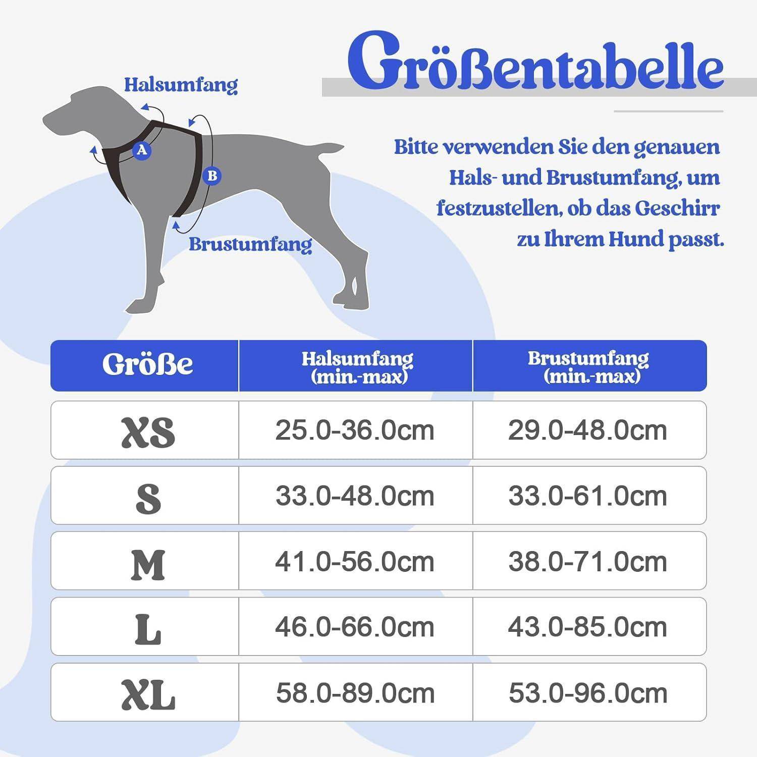 Größentabelle für Hundegeschirre von XS bis XL mit Hals- und Brustumfangmessungen in Zentimetern. Enthält Diagramm eines Hundes mit Messstellen.