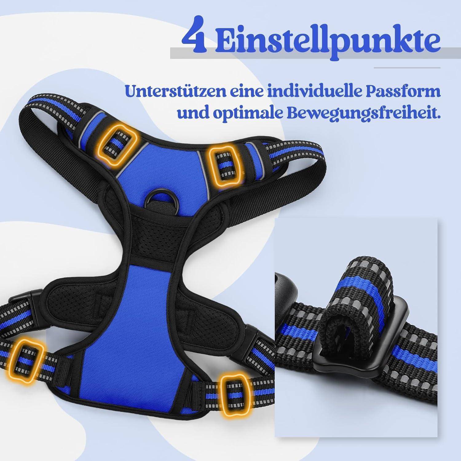 Ein Hundegeschirr mit '4 Einstellpunkte'-Text, das verstellbare Riemen für eine personalisierte Passform und Bewegungsfreiheit mit Detailansicht präsentiert.