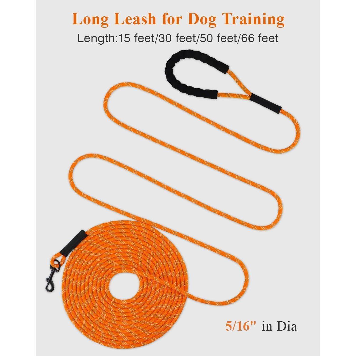 Orange Hundetrainingsleine mit Griff, in verschiedenen Längen: 15, 30, 50, 66 Fuß; Durchmesser: 5/16 Zoll.