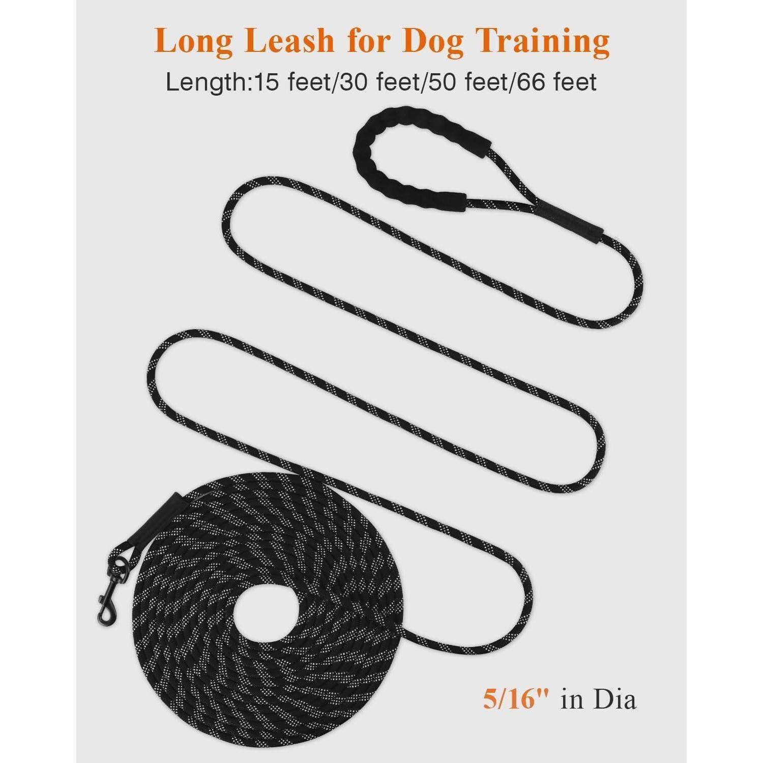 Eine 'Lange Leine für Hundetraining' wird mit einer Umrisslänge von 15, 30, 50 oder 66 Fuß und einem Durchmesser von 5/16 Zoll dargestellt.