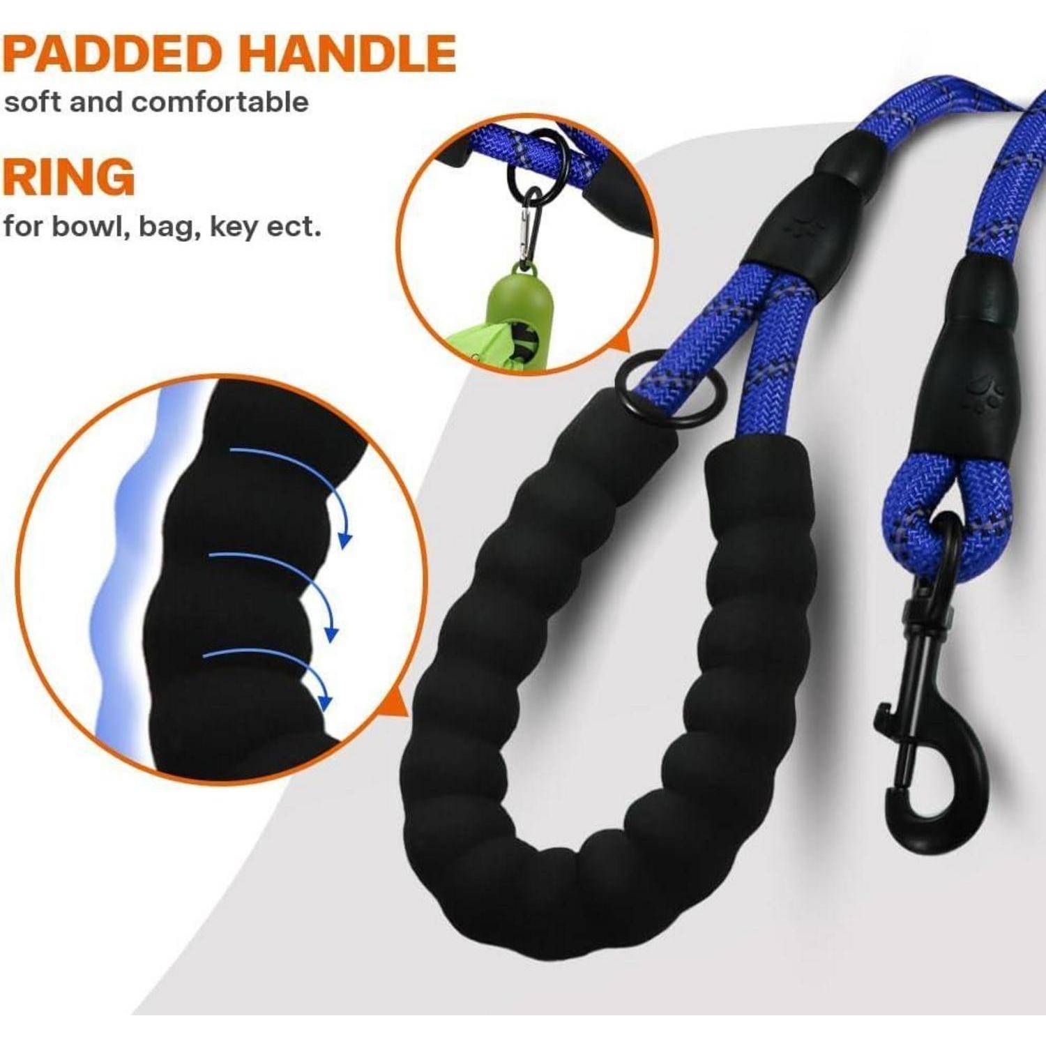 Eine schwarze Hundeleine mit gepolstertem Griff und robustem Karabiner. Enthält einen Ring zum Anbringen von Schlüsseln oder Zubehör.