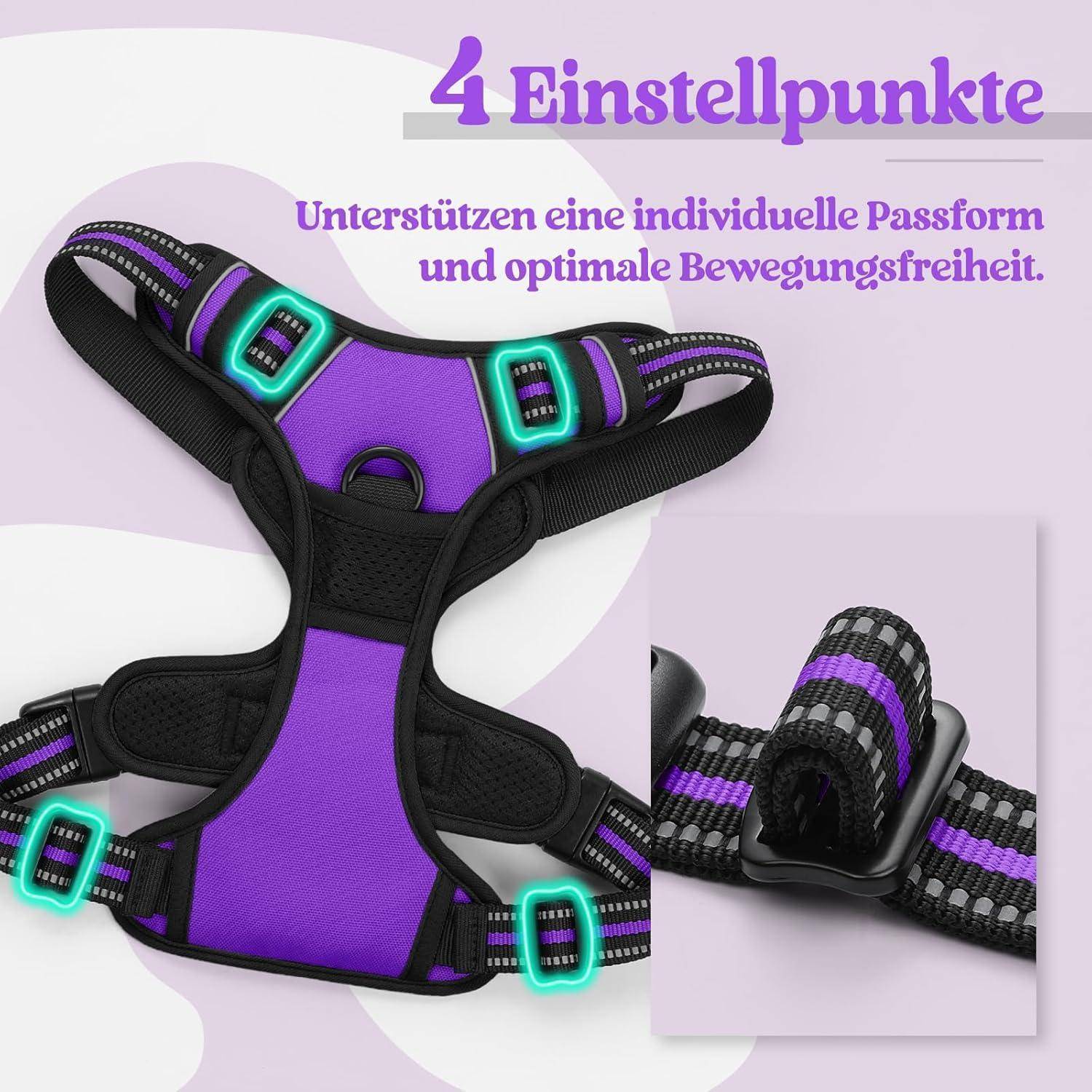 Ein Hundegeschirr mit vier Einstellungspunkten für eine individuell anpassbare Passform und optimale Bewegungsfreiheit. Die vier strategisch platzierten Verstellriemen ermöglichen eine präzise Anpassung, die sowohl Komfort als auch Sicherheit gewährleistet. Die einzigartige Konstruktion sorgt für eine gleichmäßige Druckverteilung und verhindert Scheuern oder Reiben, während sie dem Hund maximale Beweglichkeit bietet. Ideal für Hunde unterschiedlicher Größen und Körperbautypen.