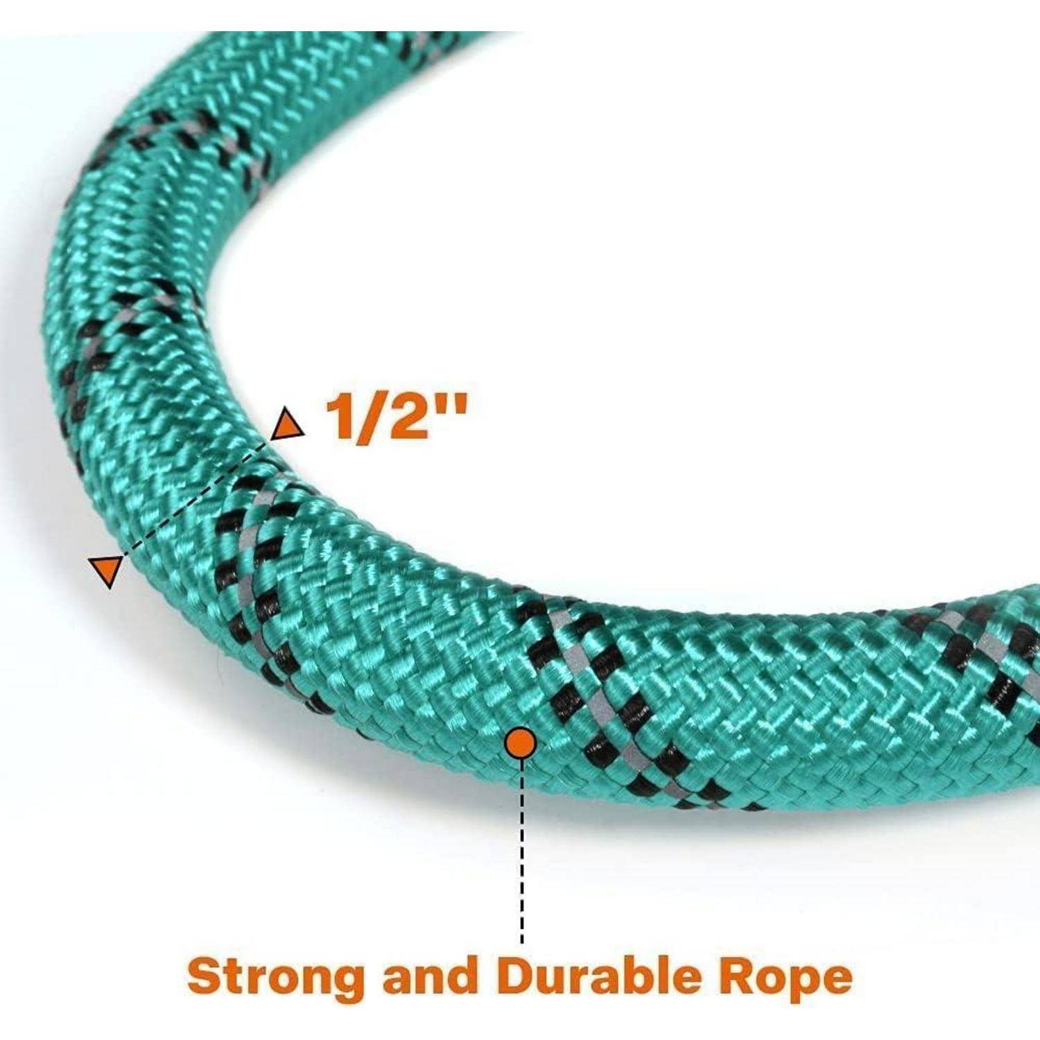 Eine blaue geflochtene Schnur mit einer Etikett von 1,27 cm Durchmesser. Text darunter liest sich: „Stark und langlebiges Seil