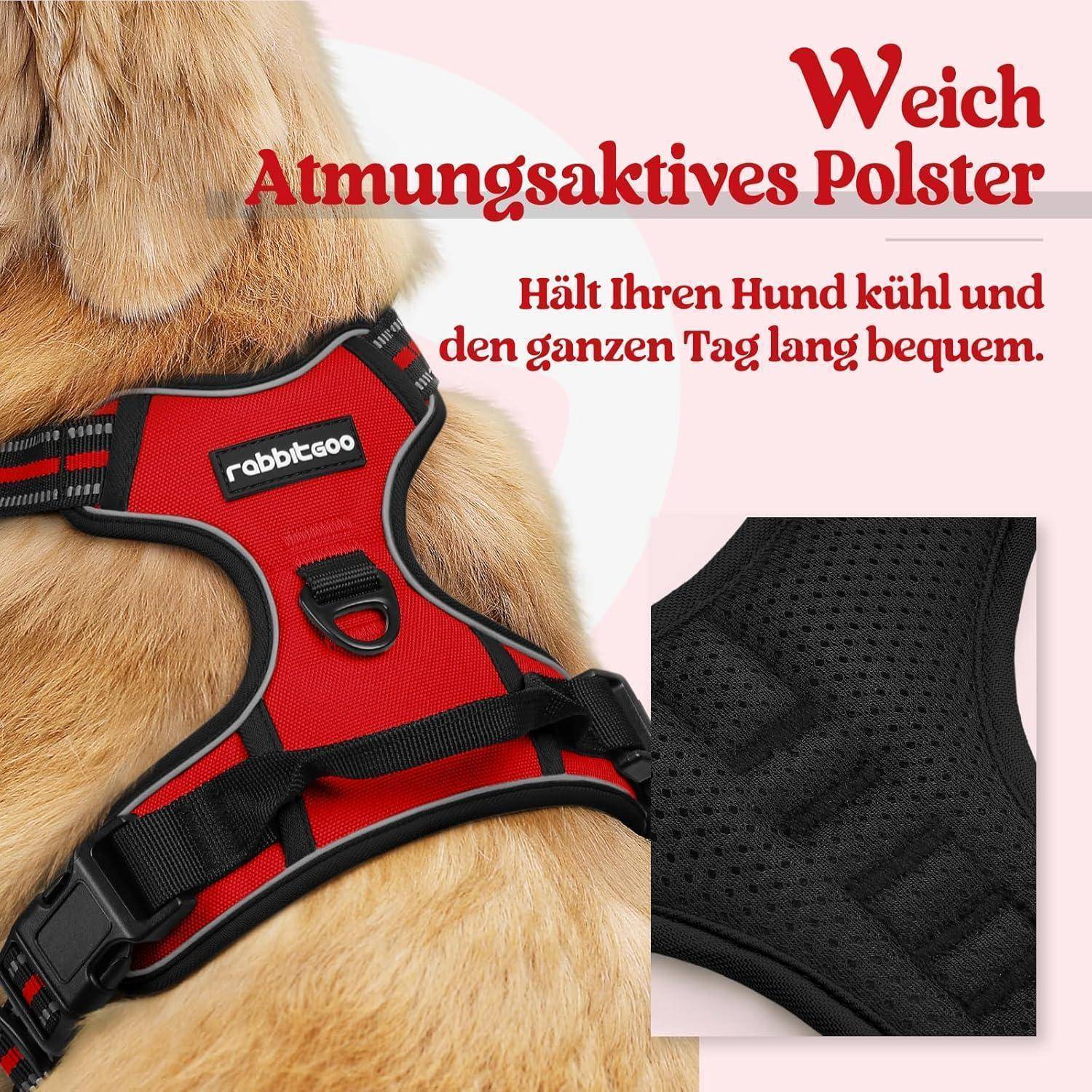 Ein Hund mit einem rot-schwarzen Geschirr. Text lautet: 'Weiches, atmungsaktives Polster hält Ihren Hund kühl und den ganzen Tag lang bequem.