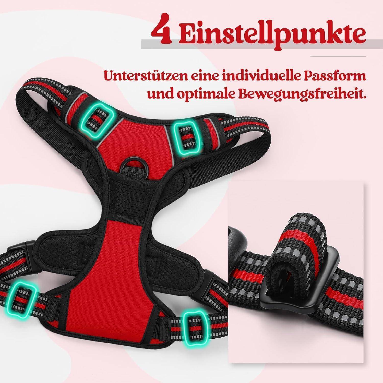 Ein rot-schwarzer, verstellbarer Geschirr mit Akzenten an den Schnallenpunkten, versehen mit deutschem Text zur Beschreibung der optimalen Passform und Bewegungsfreiheit.