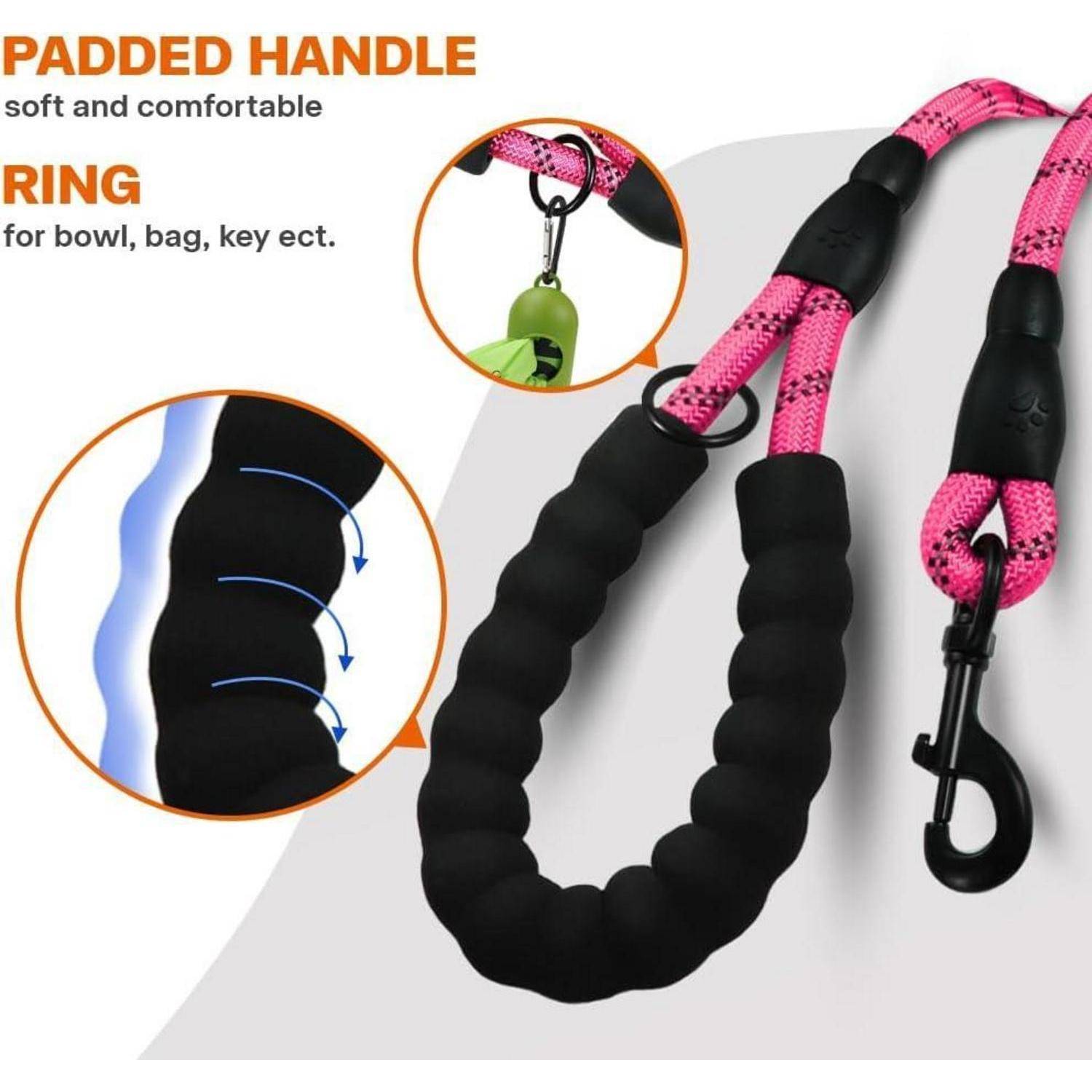 Hundeleine mit gepolstertem Griff, entwickelt für Komfort. Ausgestattet mit starkem Karabiner, strapazierfähigem Seil und Markierungen für Befestigungspunkte, geeignet für Taschen und Schalen.