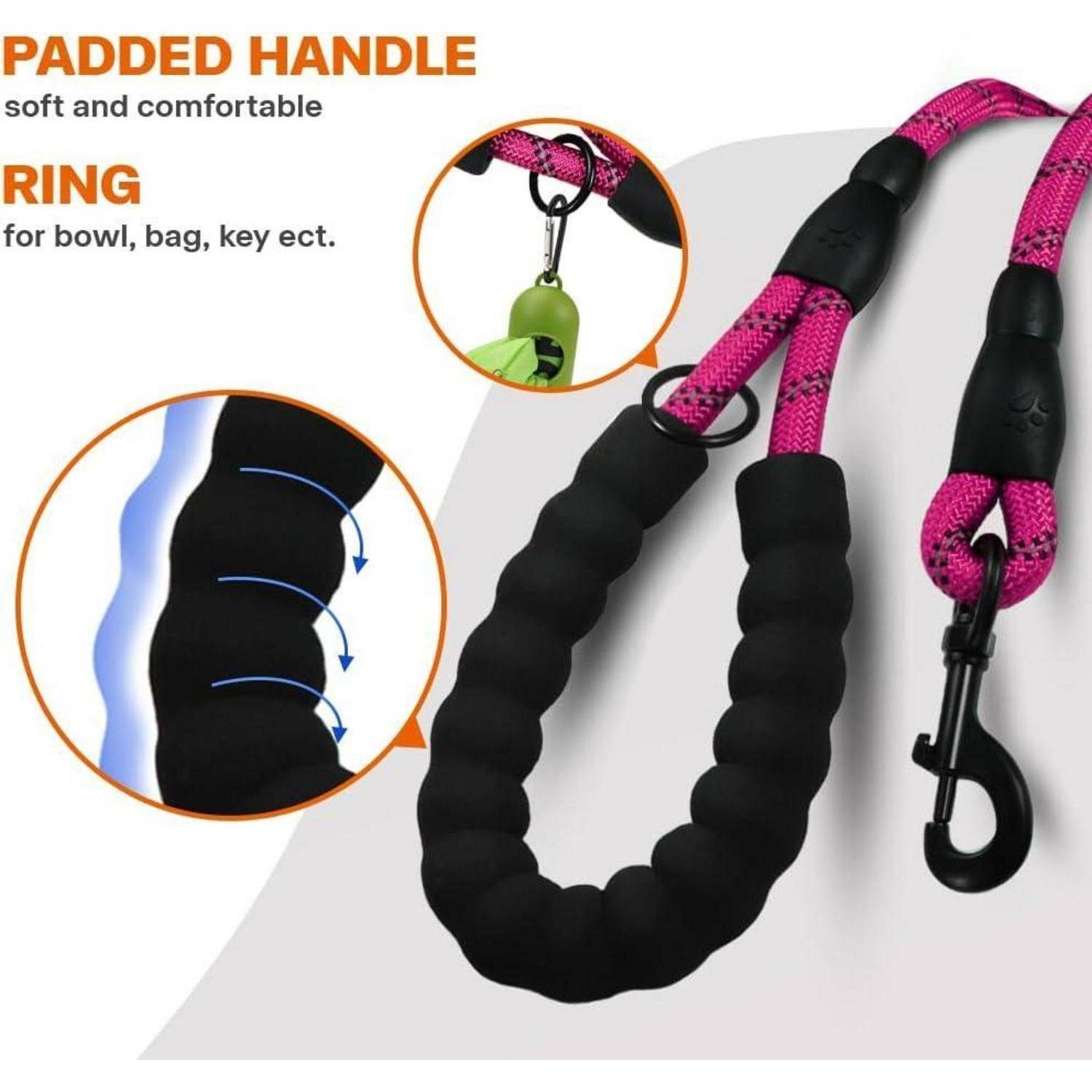 Hundeleine mit gepolstertem Griff und Karabiner. Texthervorhebungen betonen Komfort und Vielseitigkeit zum Befestigen an Näpfen, Taschen oder Schlüsseln.