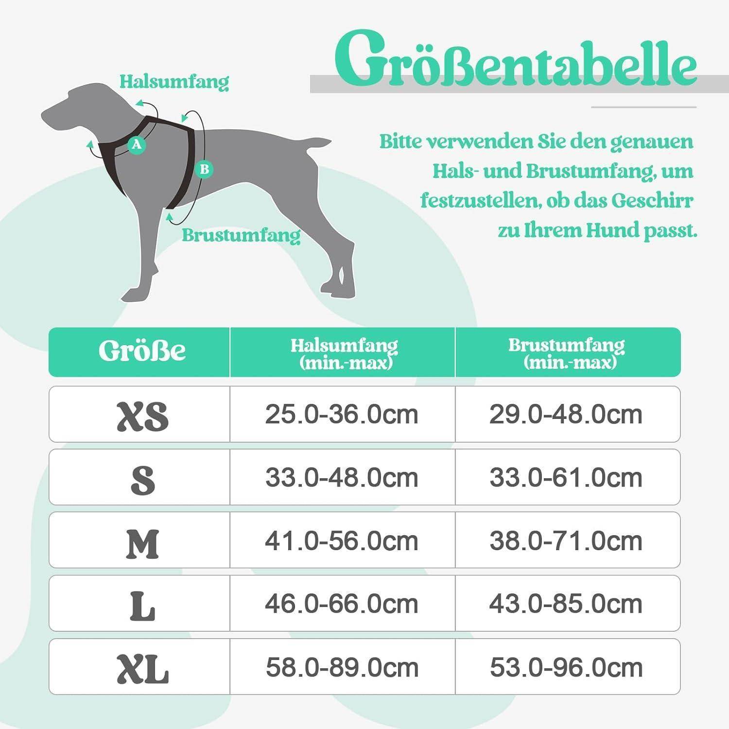 Größentabelle für Hundegeschirre mit Hals- und Brustumfang von XS bis XL. XS: 25-36 cm Hals, 29-48 cm Brust; XL: 58-89 cm Hals, 53-96 cm Brust.