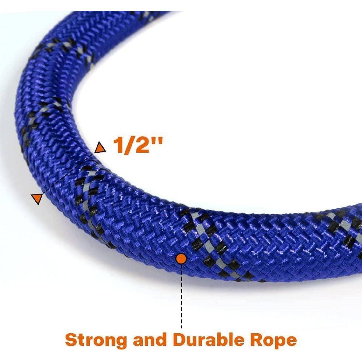 Nahaufnahme eines blauen Seils mit einem Durchmesser von 1/2 Zoll, beschriftet mit 'Starkes und haltbares Seil'.