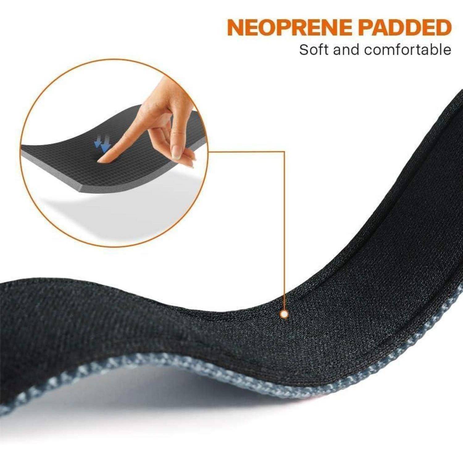 Gepolstertes Neopren, weich und angenehm', Material wird gezeigt, während ein Finger in den Stoff drückt und dessen flexible Textur demonstriert.