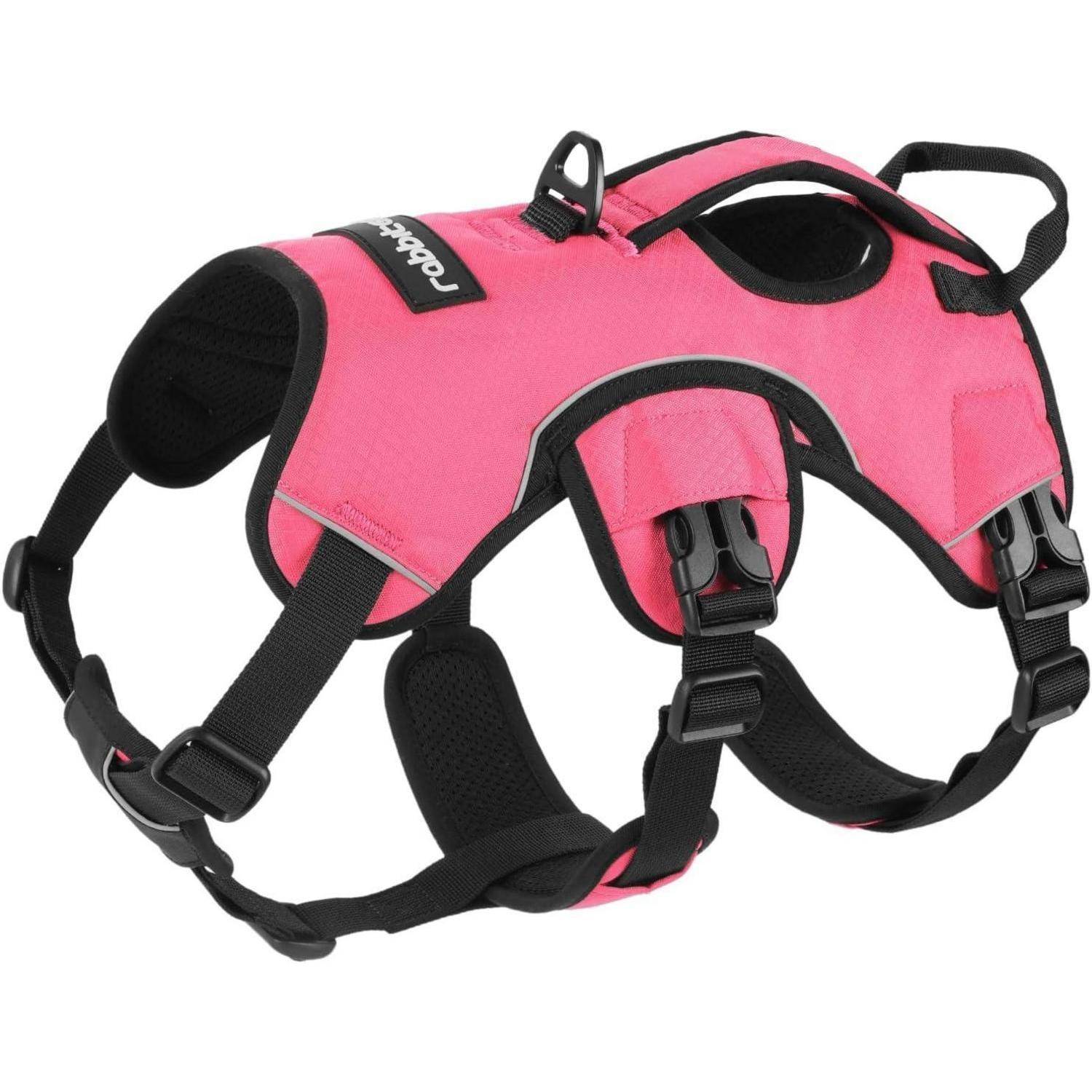 Ein rosa-schwarzes Hundegeschirr mit verstellbaren Riemen und einem Griff oben, entwickelt für Komfort und Kontrolle während des Spaziergangs.