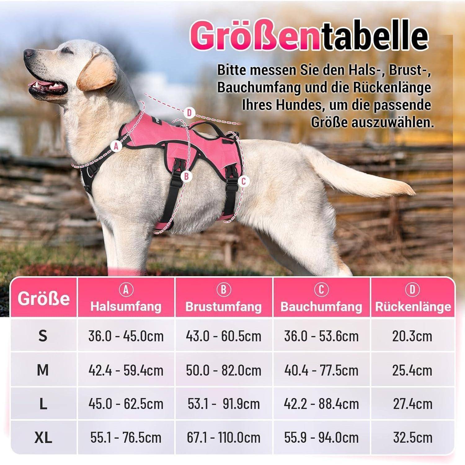 Ein Hund mit einem rosa Geschirr wird neben einer Größentabelle gezeigt, mit der Geschirr-Größen basierend auf Hals-, Brust-, Taille- und Rückenlänge ausgewählt werden können.