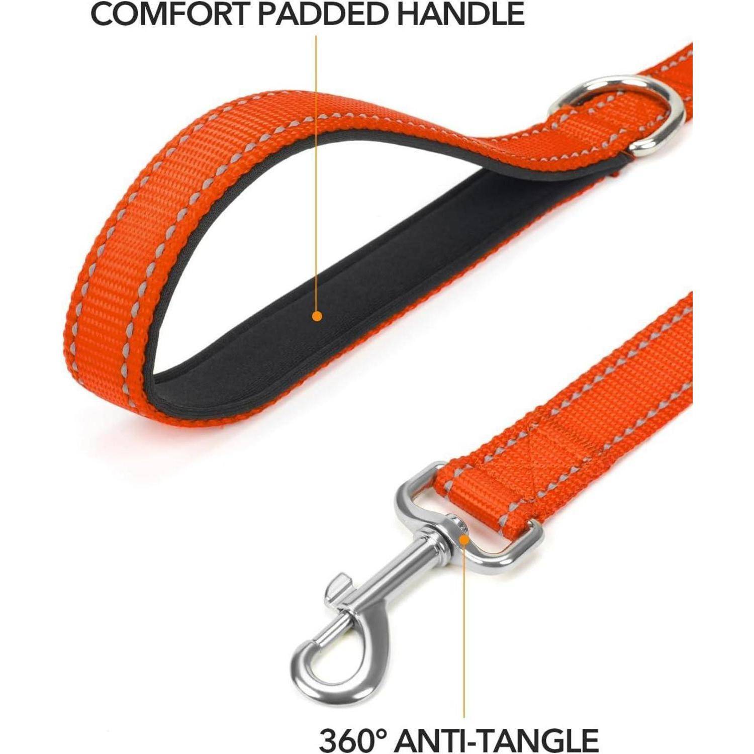 Orange Hundeleine mit gepolstertem Komfortgriff und 360° verdrehsicherem Haken.