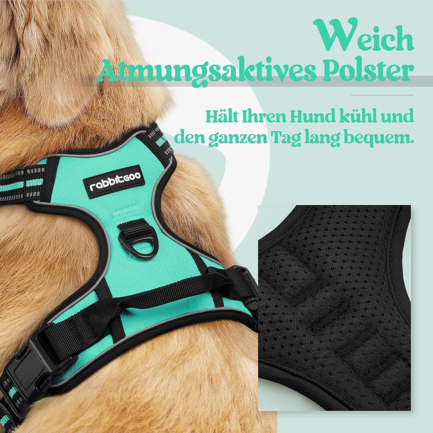 Goldener Retriever mit einem hellgrünen Geschirr mit schwarzen Riemen. Der Text auf Deutsch hebt die weiche, atmungsaktive Polsterung des Geschirrs hervor.