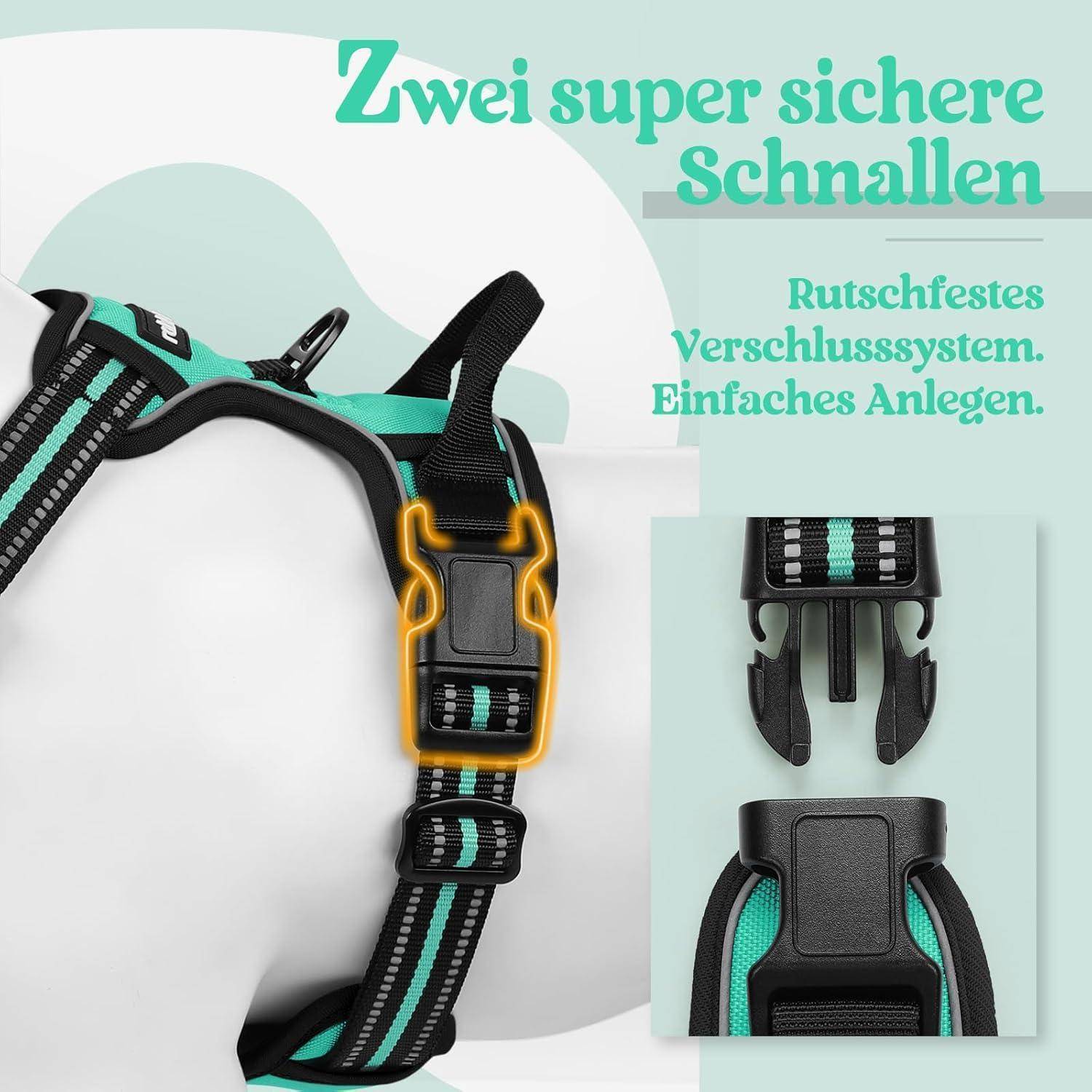 Ein Geschirr mit zwei grünen und schwarzen Schnallen. Der deutsche Text hebt ein sicheres Verschlusssystem und einfache Anwendung hervor.