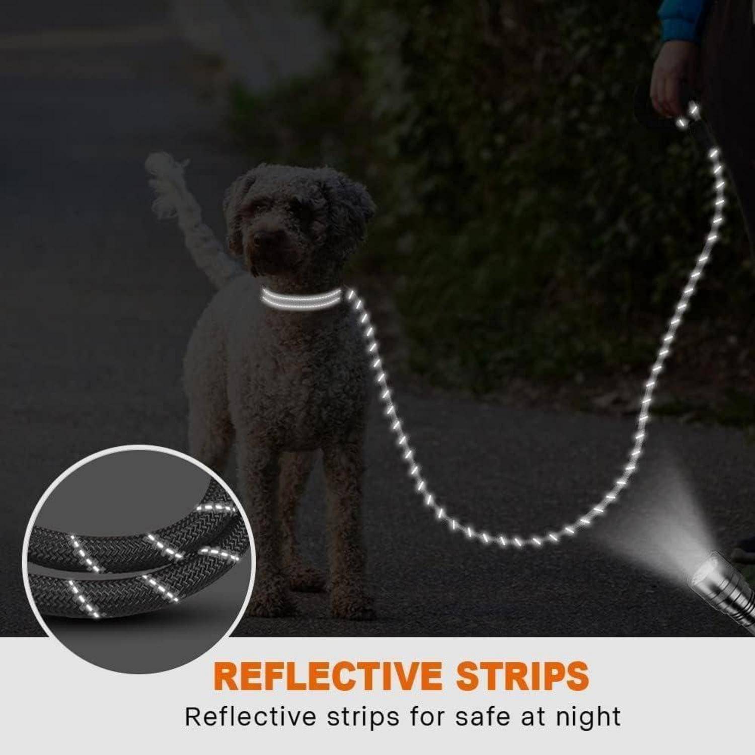 Ein Hund mit reflektierendem Halsband und Leine geht nachts spazieren. Einschub zeigt eine Nahaufnahme der Streifen. Text lautet: 'Reflektierende Streifen für Sicherheit bei Nacht.