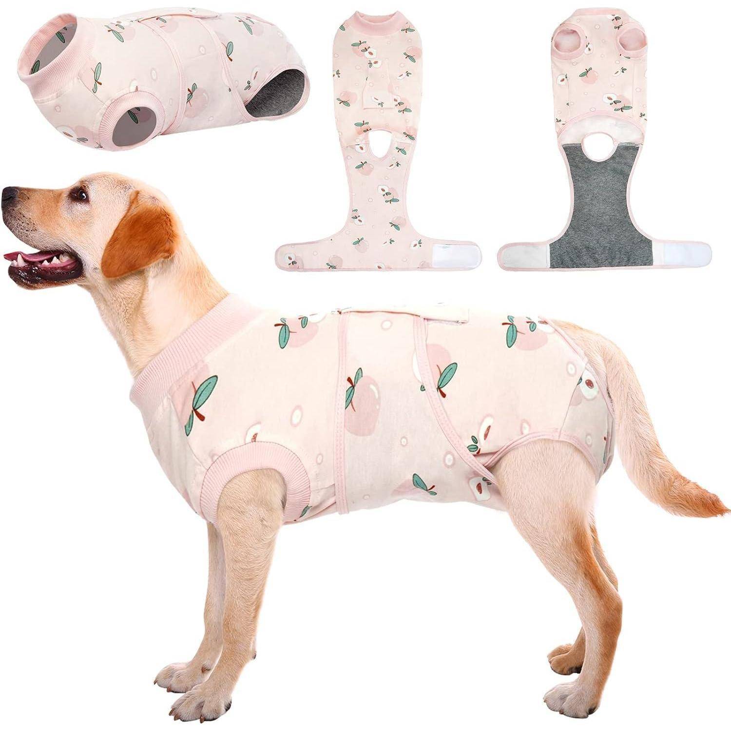 Ein Hund trägt einen pastellrosa Genesungsanzug mit naturinspirierten Mustern. Drei Nahaufnahmen des Anzugs zeigen Designdetails.