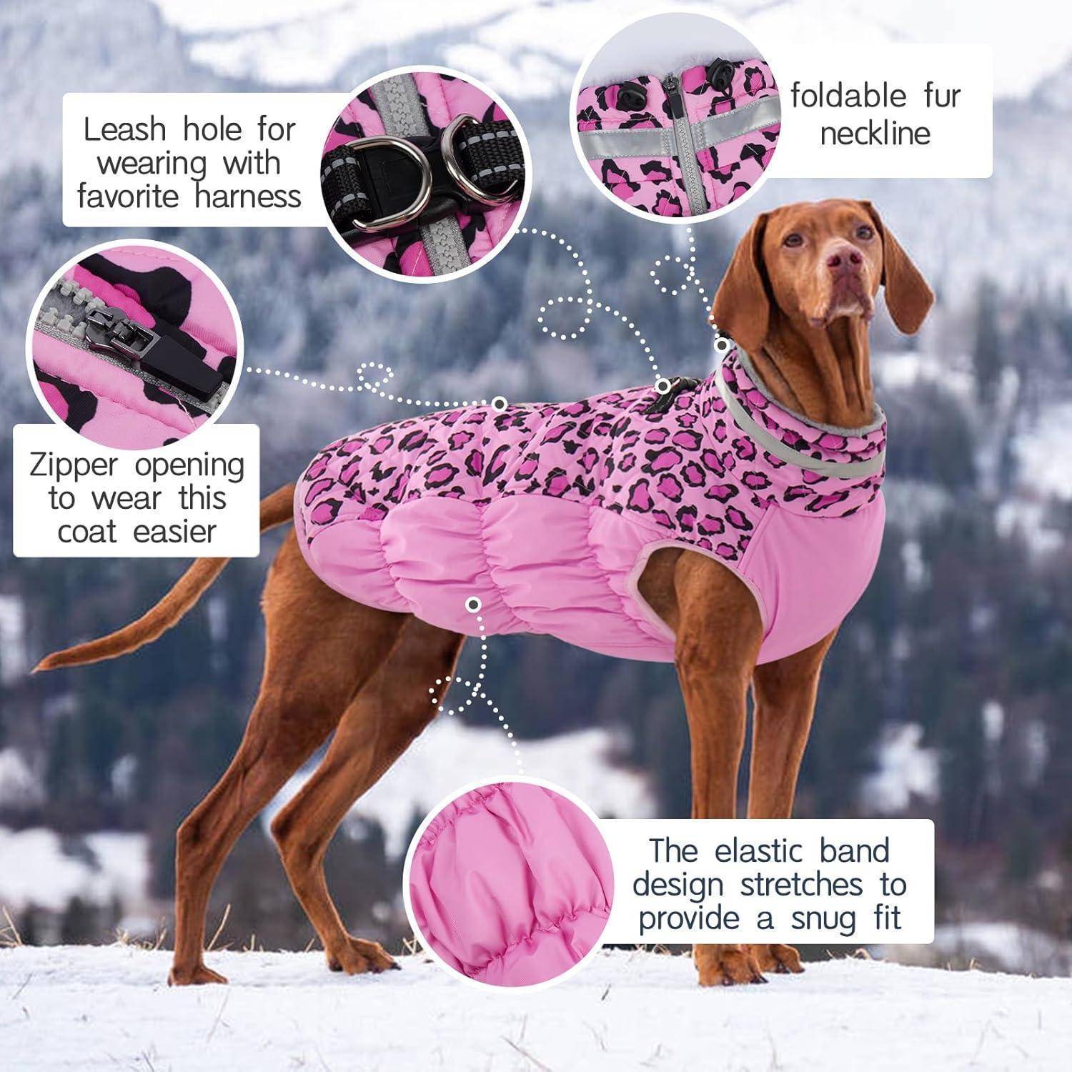 Ein Hund in einem Mantel mit rosa Leopardenmuster, ausgestattet mit einem faltbaren Pelzkragen, Leinenöffnung, Reißverschluss für einfaches Anziehen und einem elastischen Bund für eine eng anliegende Passform.
