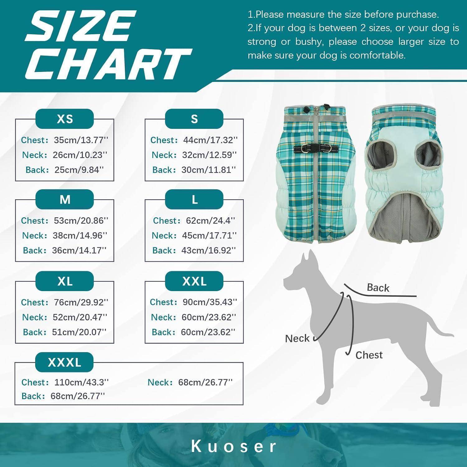 Größentabelle für Hundekleidung von Kuoser. Umfasst Größen XS bis XXXL mit Brust-, Hals- und Rückenmessungen. Enthält Illustrationen zur Passformhilfe.