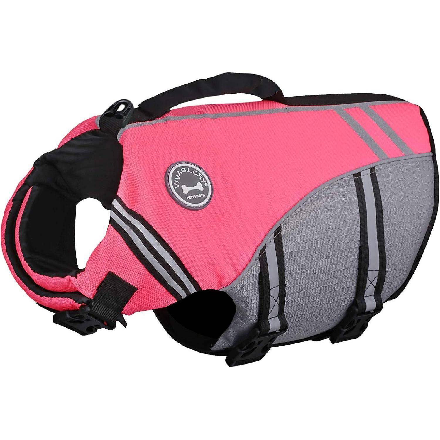 Eine rosa und graue Hundeschwimmweste mit Tragegriff und verstellbaren Riemen. Eine schwarze Markierung zeigt ein Logo und Text, der 