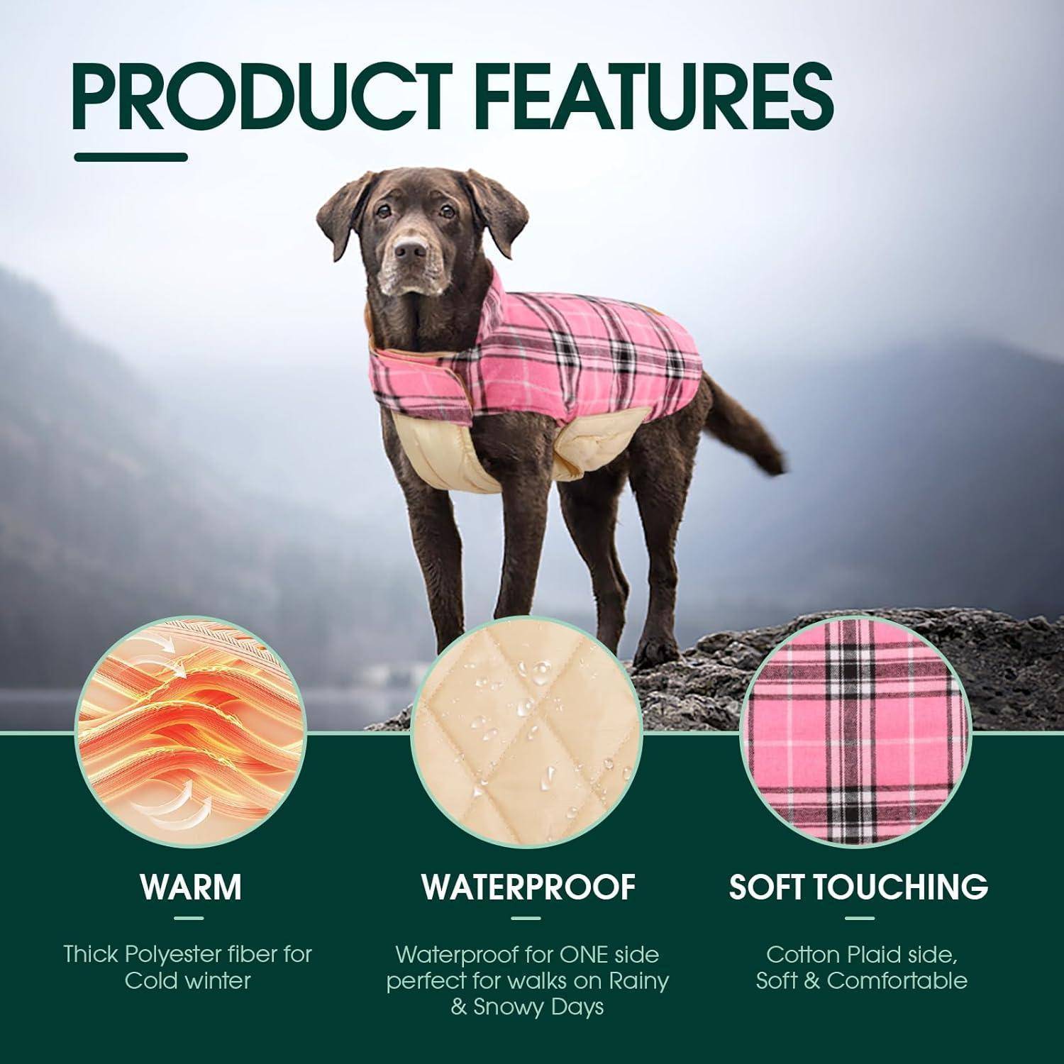 Hund trägt einen rosa Mantel, der die 'Produktmerkmale' hervorhebt: 'Warm', 'Wasserdicht', 'Angenehm weich'. Inklusive Stoffmuster-Beispiele.