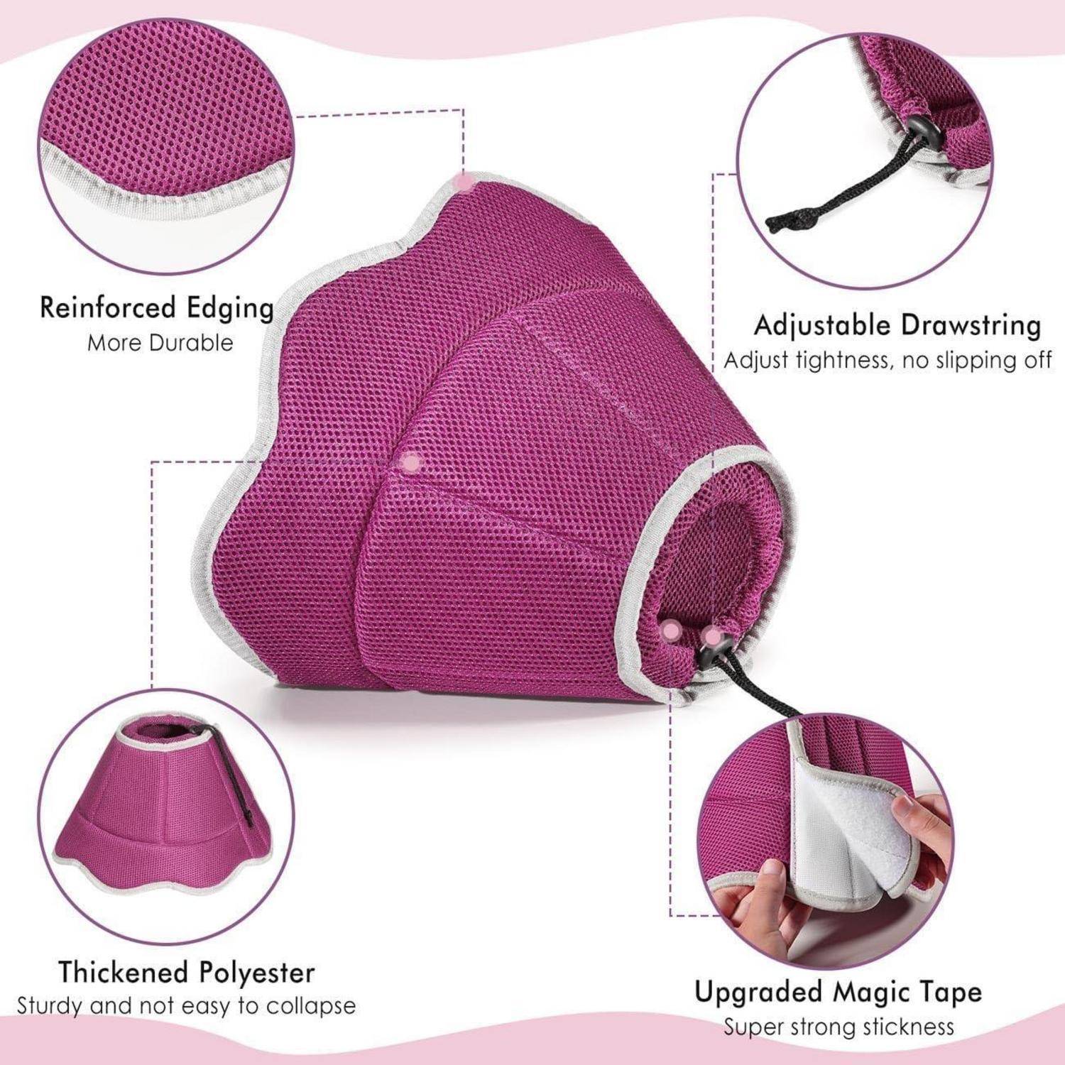 Lila Schutzkragen für Hunde mit verstellbarem Kordelzug und Klettband. Aus verstärktem Polyester gefertigt, mit verstärkten Kanten.
