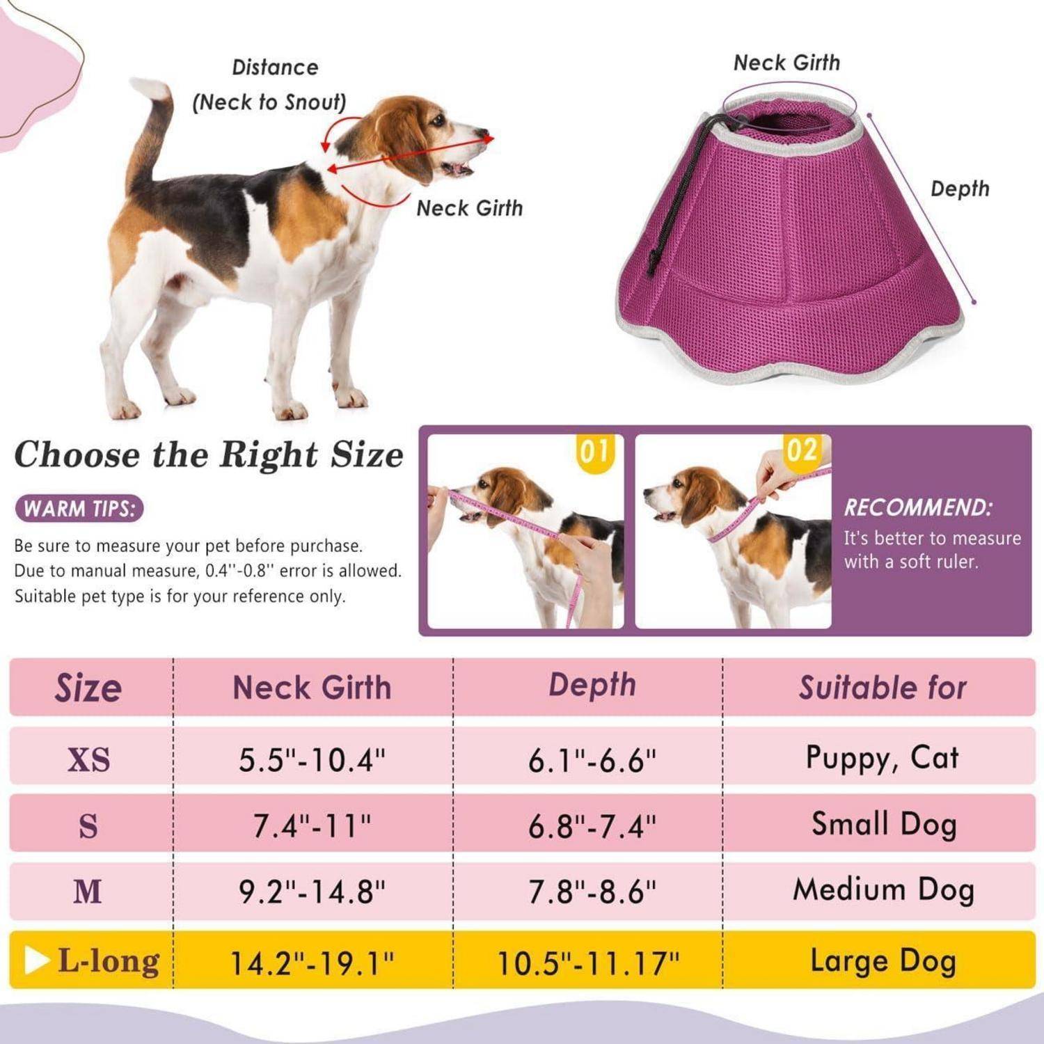 Größenratgeber für Hunde zeigt einen Beagle mit gemessenem Halsumfang. Die Tabelle listet Halsumfang und -tiefe für Größen von XS bis L mit einer visuellen Messanleitung auf.
