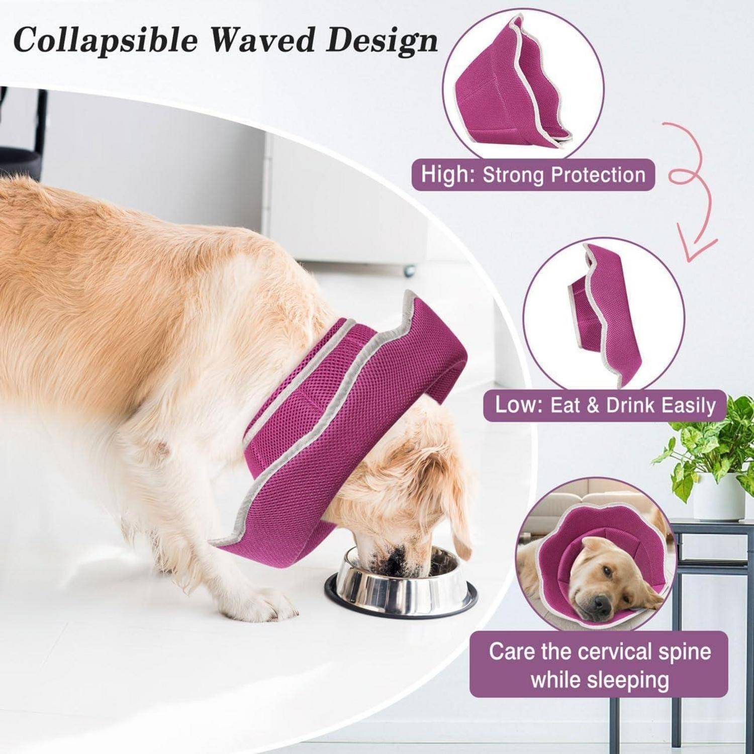 Ein Hund trägt einen wellenförmigen Schutzkragen in Rosa und trinkt aus einer Schüssel. Einblendungen zeigen seine faltbare Konstruktion, Komfort beim Essen und Nackenstützfunktion.