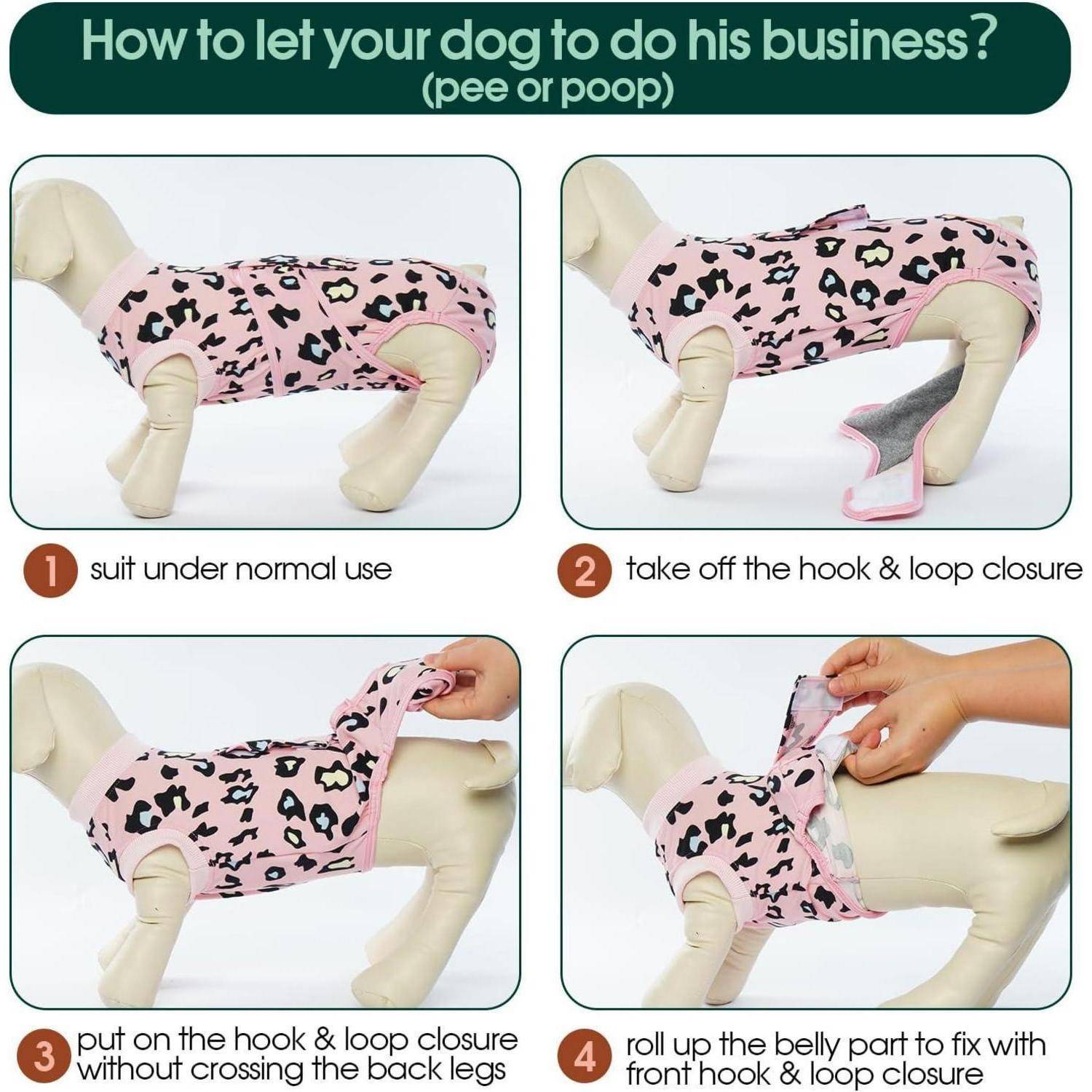 Vierschritt-Anleitung für einen Hunde-Dummy: 1) Anzug anlegen; 2) Haken- und Schlaufenverschluss öffnen; 3) Haken- und Schlaufenverschluss an den Seiten befestigen; 4) Bauchbereich aufrollen und sichern.