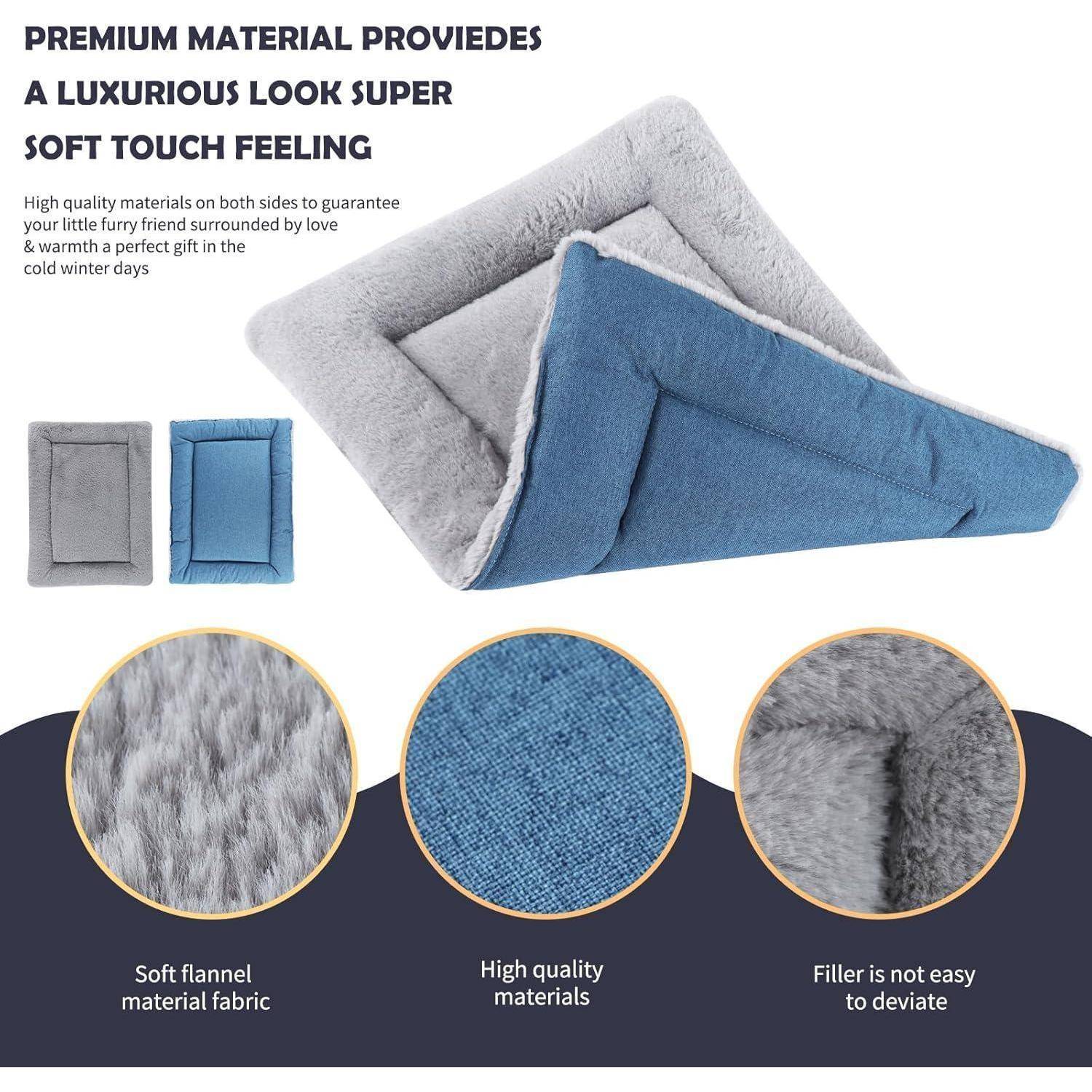 Ein Haustierbett mit weichem, plüschigem Stoff wird gezeigt. Der Text oben lautet: „Premium-Material sorgt für einen luxuriösen Look, ein superweiches Tastgefühl.