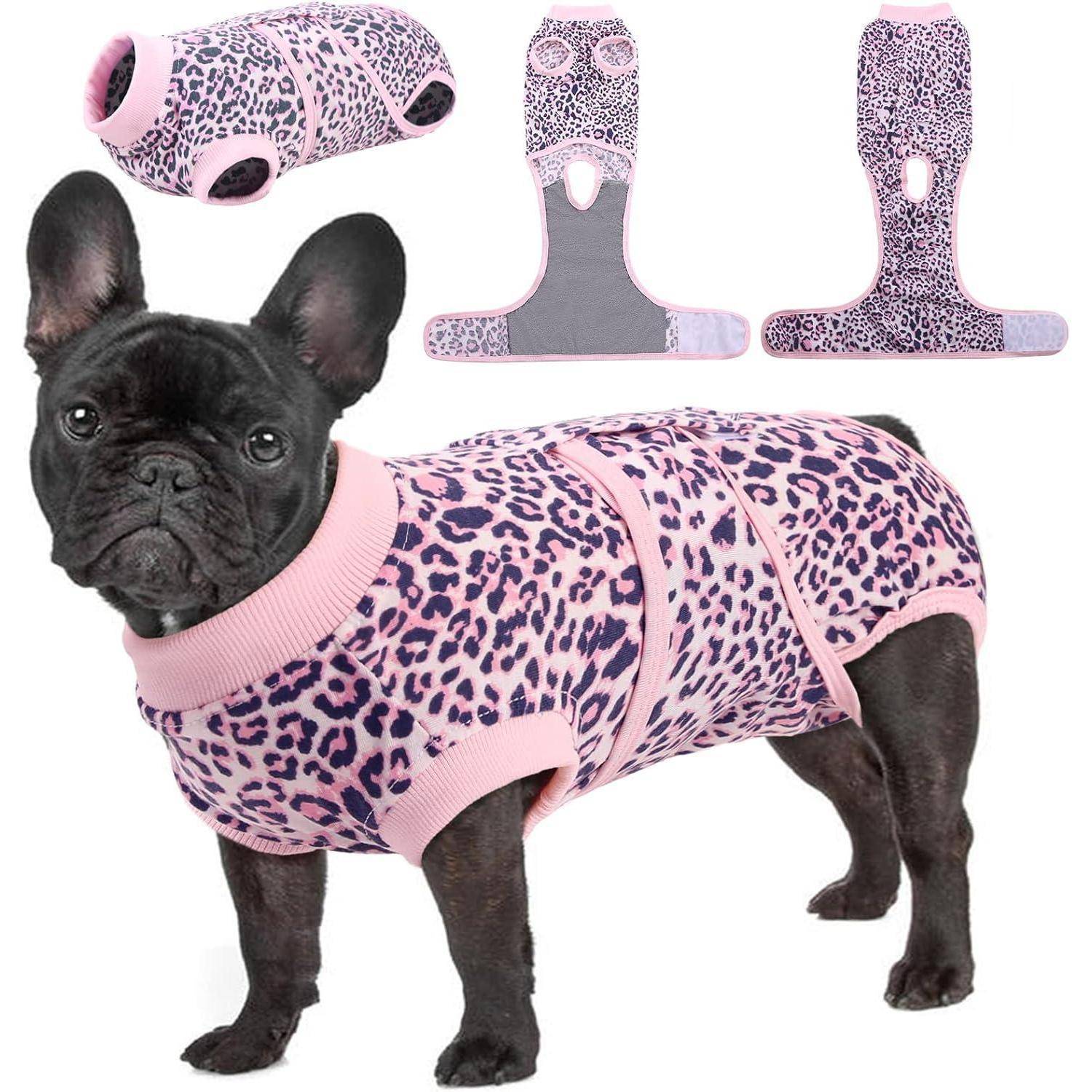 Ein schwarzer Französischer Bulldogge trägt einen Pullover im rosa Leoparden-Print. Das Design des Pullovers wird separat gezeigt, wobei Vorder- und Rückansicht hervorgehoben werden.