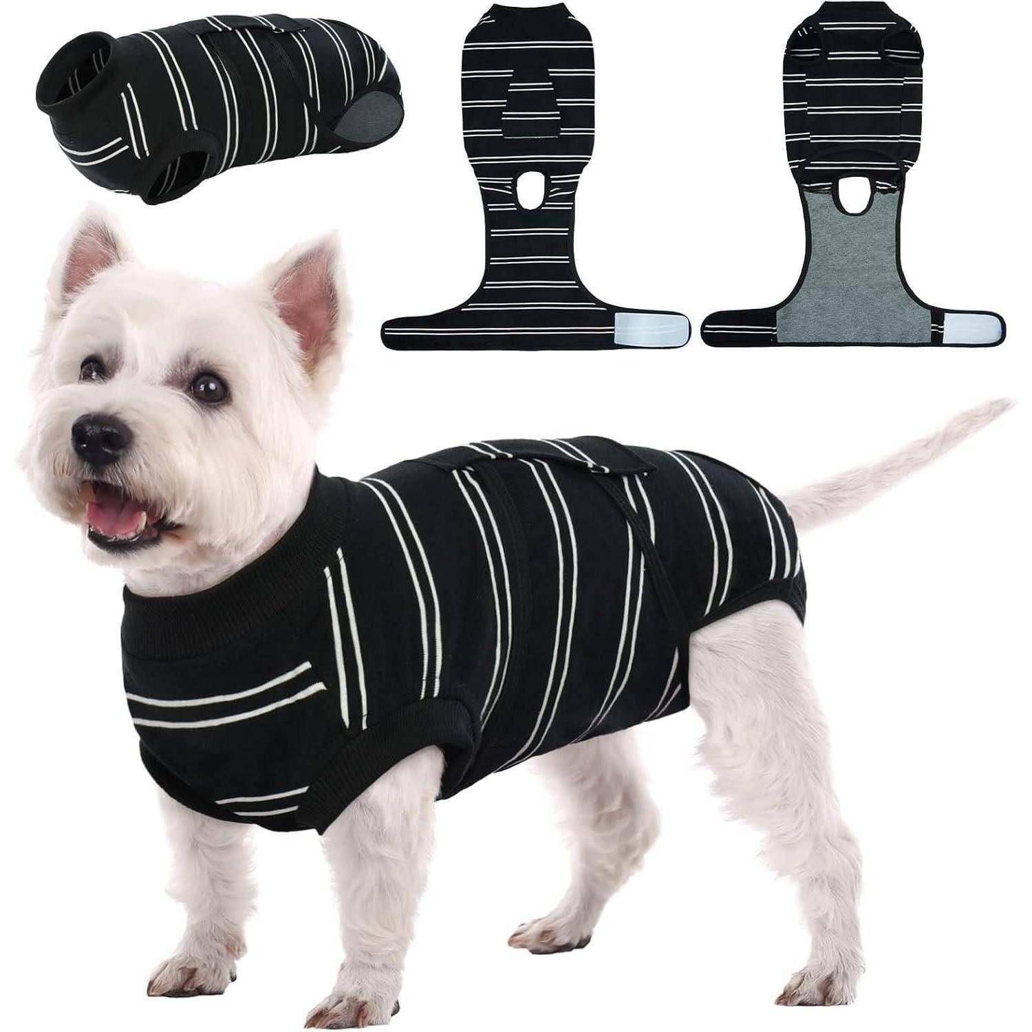 Ein kleiner weißer Hund trägt ein schwarz-weiß gestreiftes Hemd. Darüber zeigen Illustrationen die Ansichten von Ober-, Seiten- und Ausblick des Hemdes.