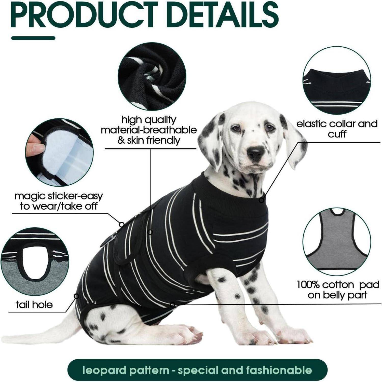Dalmatiner-Welpe trägt ein schwarz-weiß gestreiftes Hundeshirt mit folgenden Merkmalen: hochwertige Materialqualität, elastischer Kragen, einfache Befestigung.