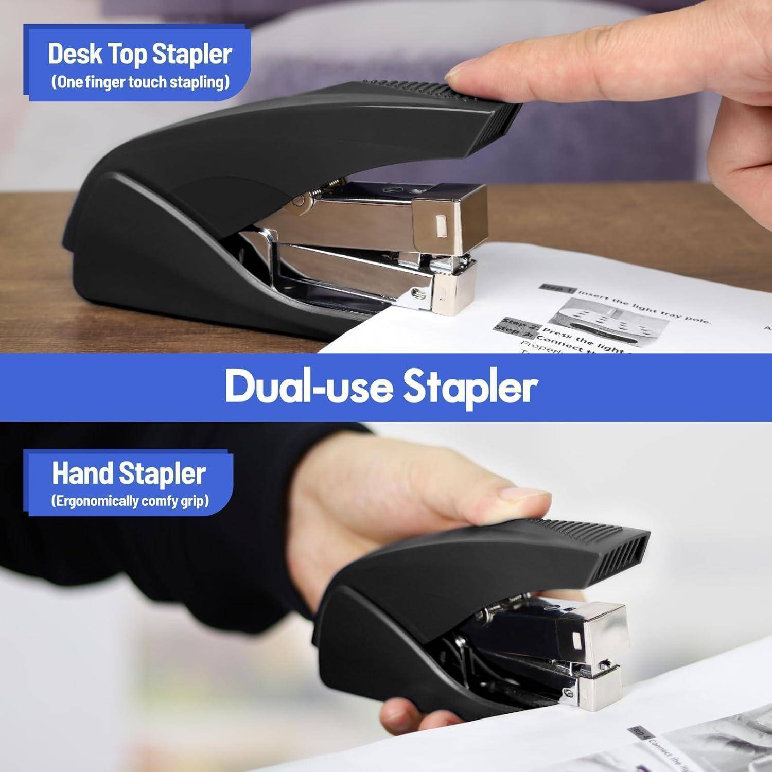 Ein Dual-Use-Hefter wird in zwei Positionen gezeigt: eine Draufsicht für das Heften auf dem Schreibtisch und eine Ansicht zum Halten in der Hand für ergonomischen Griff. Der Text hebt die Funktionen hervor.