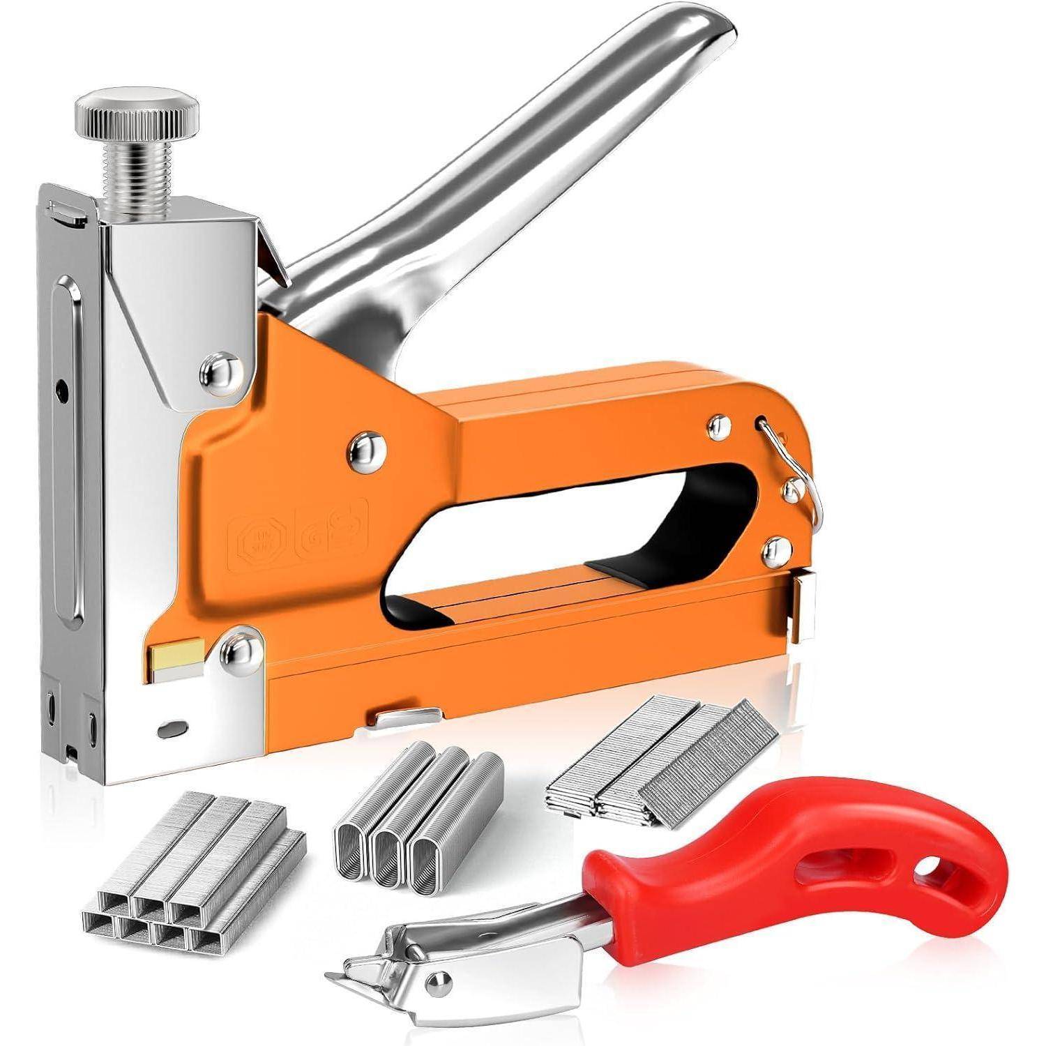 Eine Tacker mit orangefarbenem Gehäuse, Metallgriff und dazugehörigen Klammern. Daneben befindet sich auch ein Werkzeug mit rotem Griff.