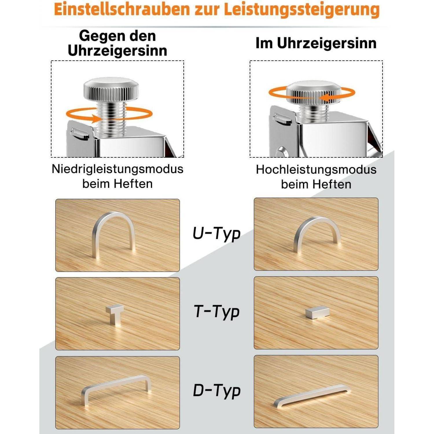 Die Abbildung zeigt Schraubeneinstellungen zur Leistungsverbesserung von Heftgeräten und stellt einen 'Niedrigmodus' und einen 'Hochmodus' dar. Enthält Diagramme von U-förmigen, T-förmigen und D-förmigen Heftklammern.