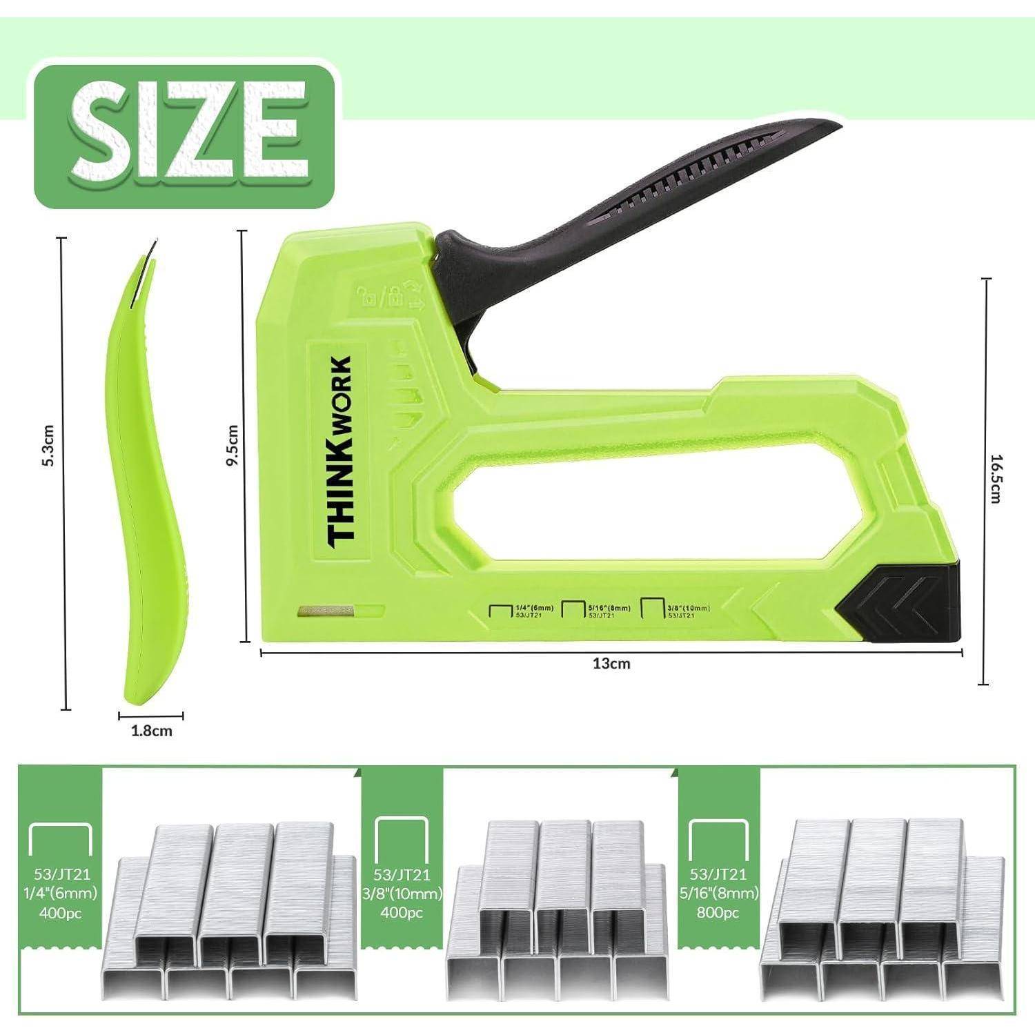 Grüne Tackerpistole, mit der Aufschrift 'THINKWORK', misst 9,5 cm x 24,5 cm. Enthält drei Größen von Heftklammern: 1/4, 3/8 und 5/16 Zoll, insgesamt 4000 Stück.