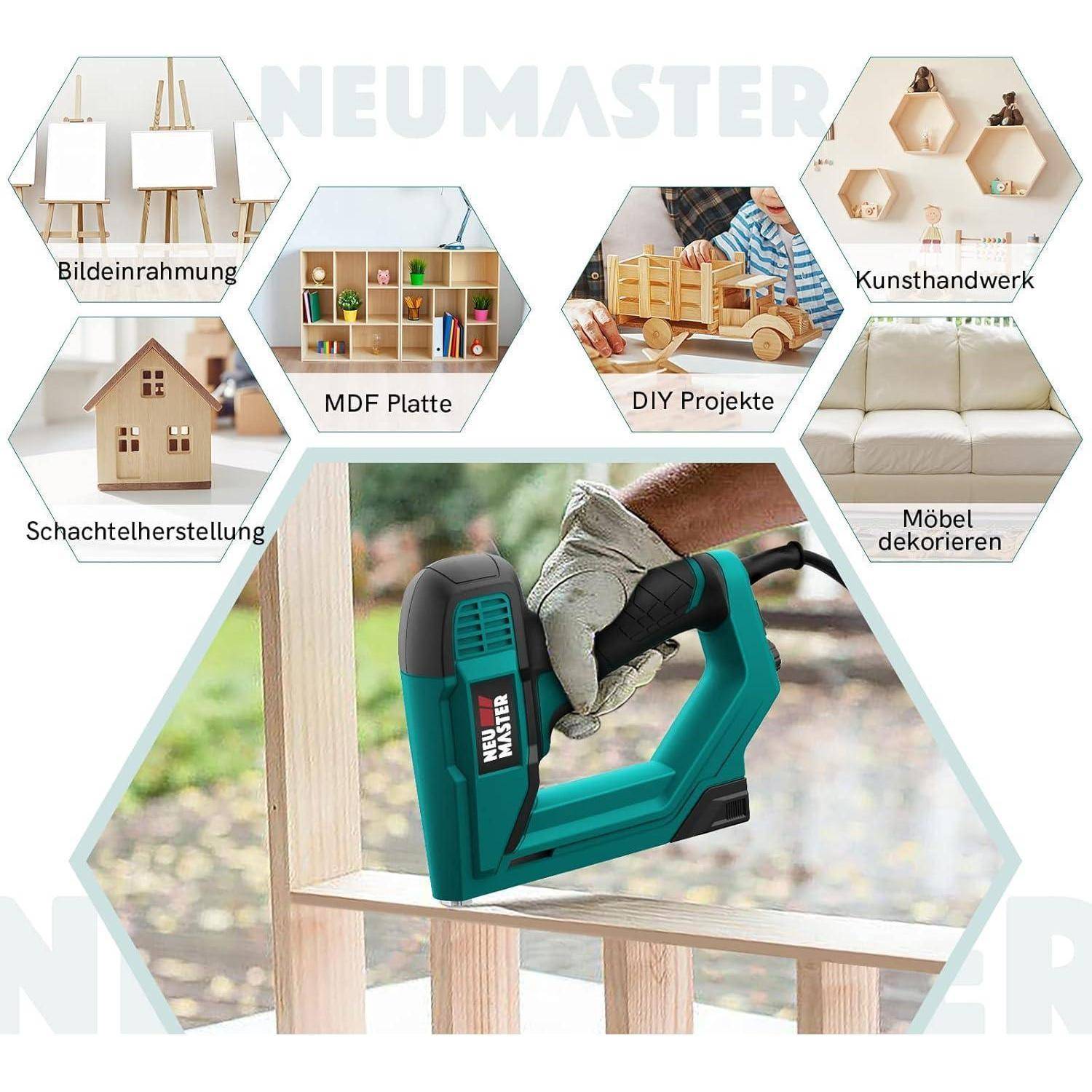 Eine Hand bedient einen elektrischen Tacker auf Holz, umgeben von Symbolen, die Anwendungen wie Bilderrahmen, MDF-Plattenverwendung und Heimwerker-Projekte zeigen.