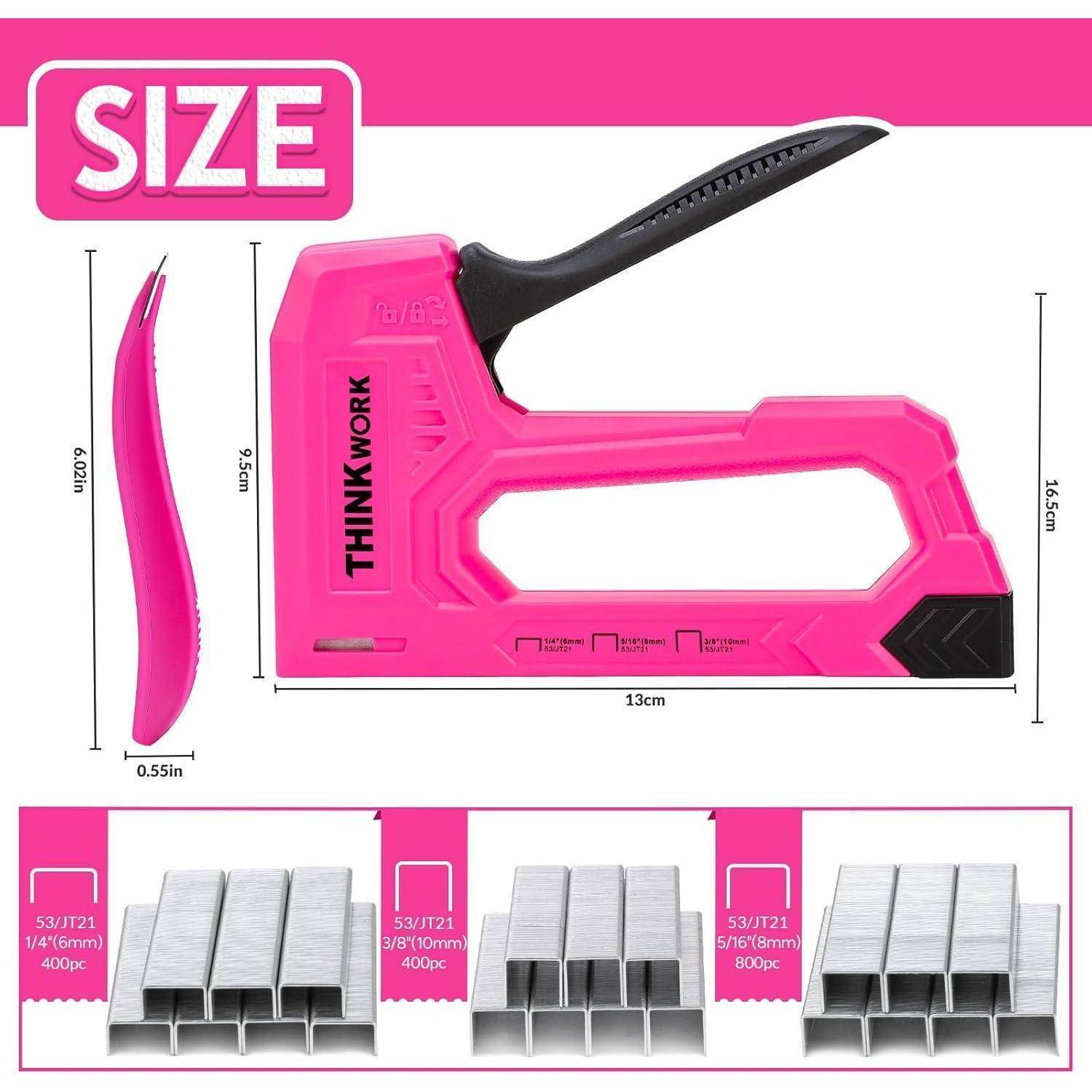 Pink-Tacker misst 13 cm in der Länge, 4,6 cm in der Höhe. Enthält drei Größen von Heftklammern: 5/16