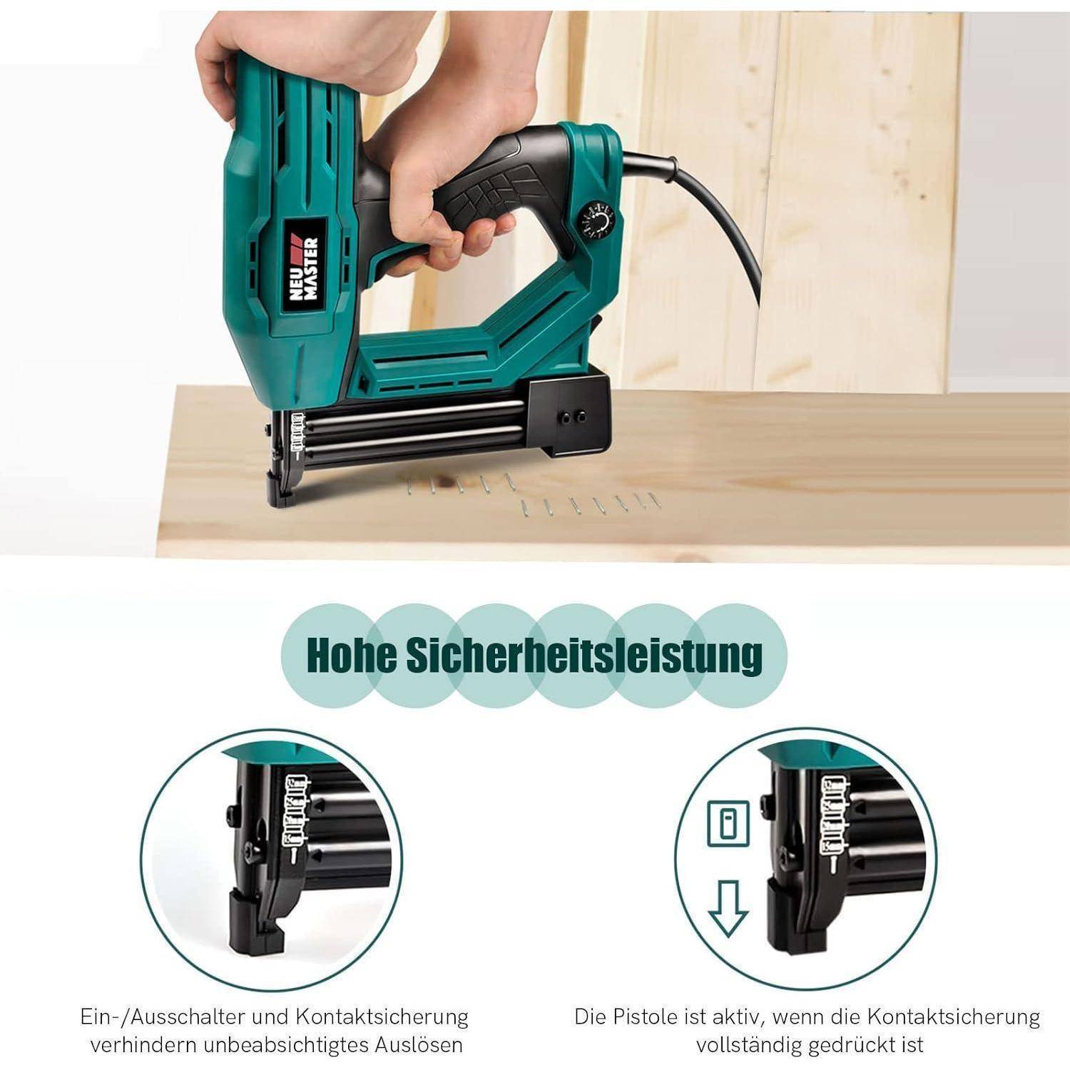 Eine Person verwendet eine grüne elektrische Tacker auf einer Holzoberfläche und demonstriert dessen Sicherheitsmerkmale. Der deutsche Text hebt die 'Hohe Sicherheitsleistung' hervor.