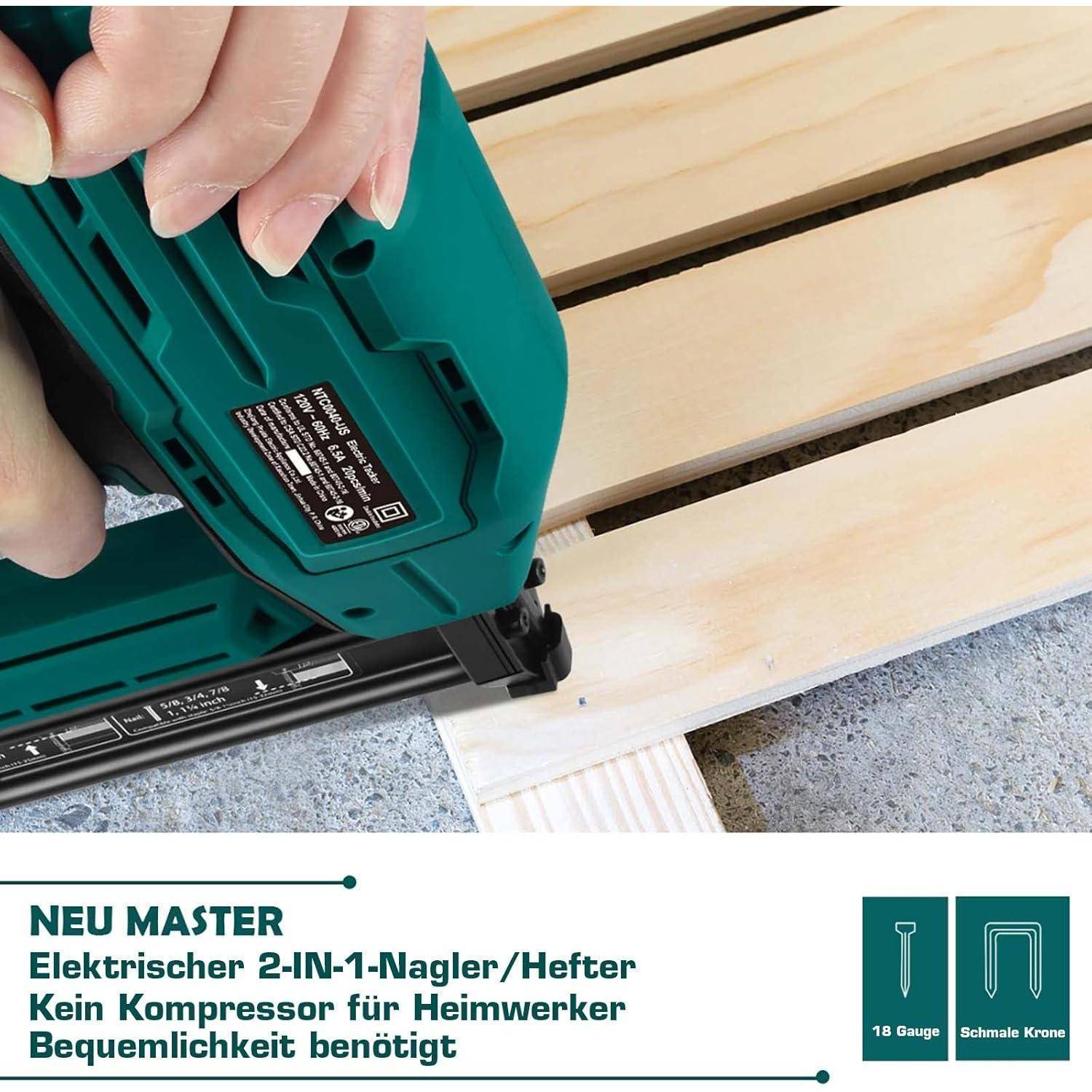 Eine Person benutzt einen grünen elektrischen Tacker auf Holzplanken. Text: 'NEU MASTER', beschreibt einen 2-in-1 Heft-/Nagelsetzers, kein Kompressor erforderlich.