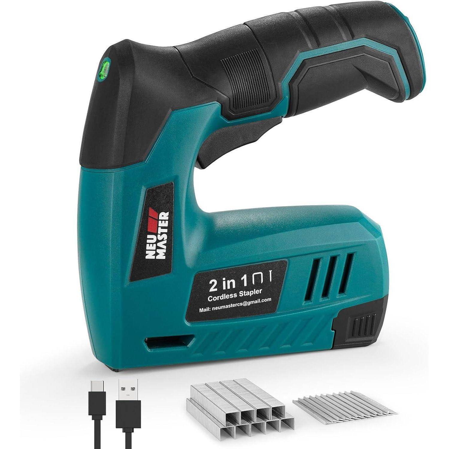 Türkis und schwarzer kabelloser Tacker mit der Beschriftung 