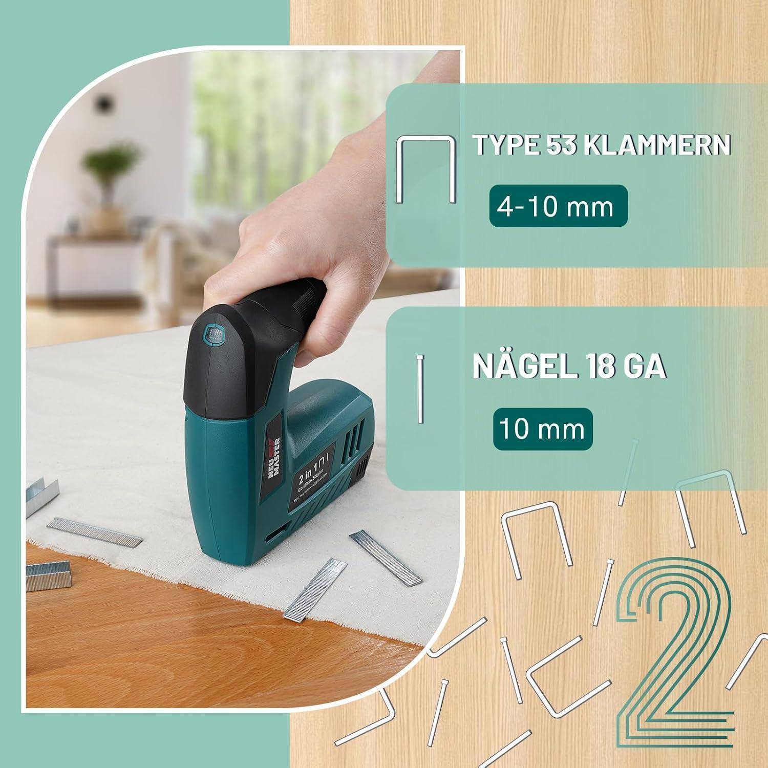 Eine Hand bedient eine türkisfarbene Tacker auf einer Holzoberfläche, umgeben von verstreuten Klammern und Nägeln. Text lautet 'Type 53 Klammern 4-10 mm' und 'Nägel 18 GA 10 mm'.