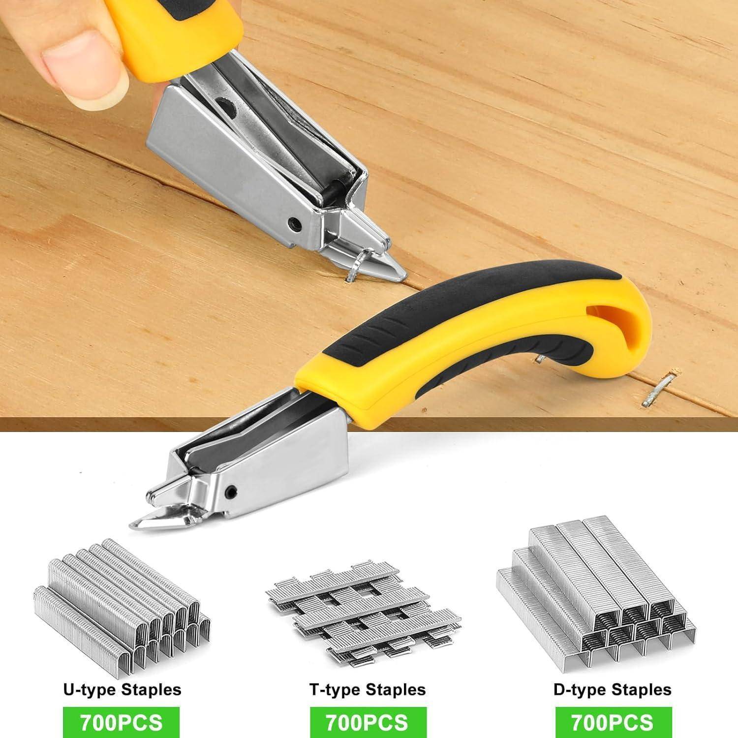 Eine Hand verwendet eine gelbe und schwarze Tacker auf Holz. Darunter befinden sich Bilder von U-Typ-, T-Typ- und D-Typ-Klammern, jeweils mit der Beschriftung 