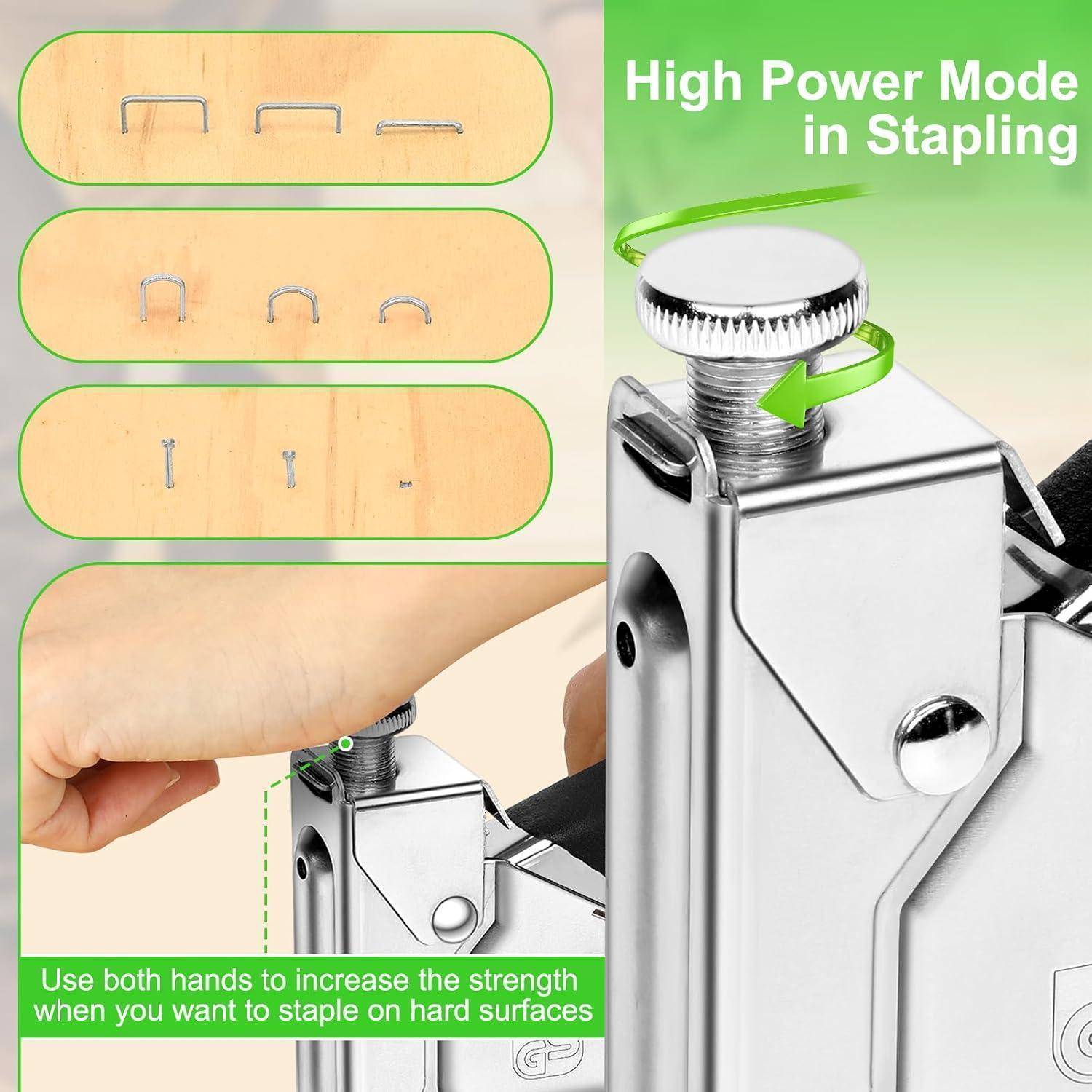 Manueller Tacker mit Einblendungen verschiedener Klammergröße. Bildunterschrift lautet: 