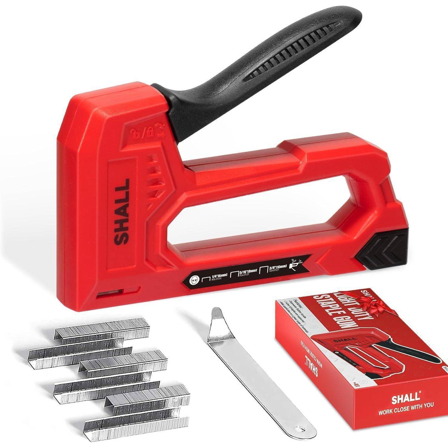 Rotes robustes Tacker-Set mit ergonomischem Griff, inklusive Karton mit Klammern, Metallklammernentferner und Ersatzklammern.