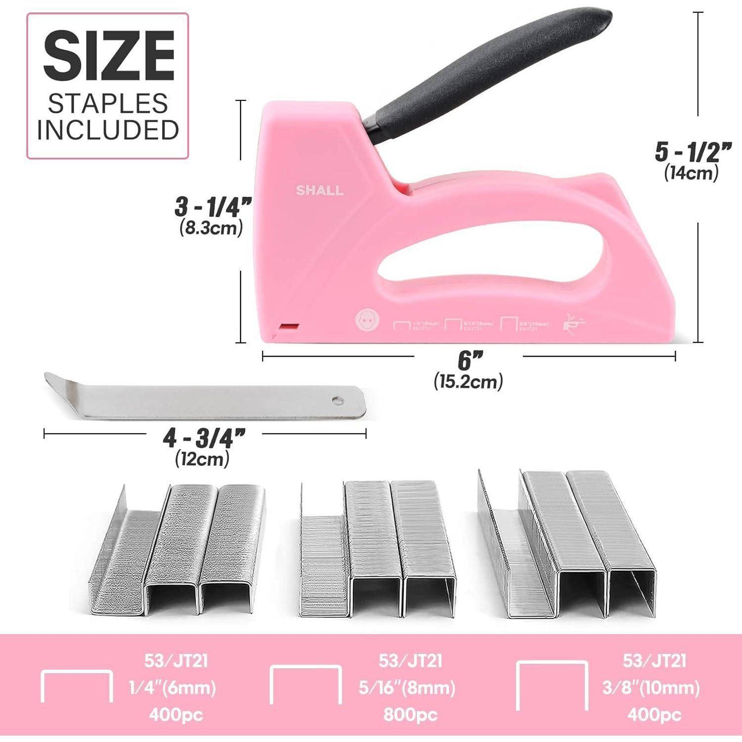 Eine rosa Handtacker mit Abmessungen. Enthält Klammern in den Größen 1/4