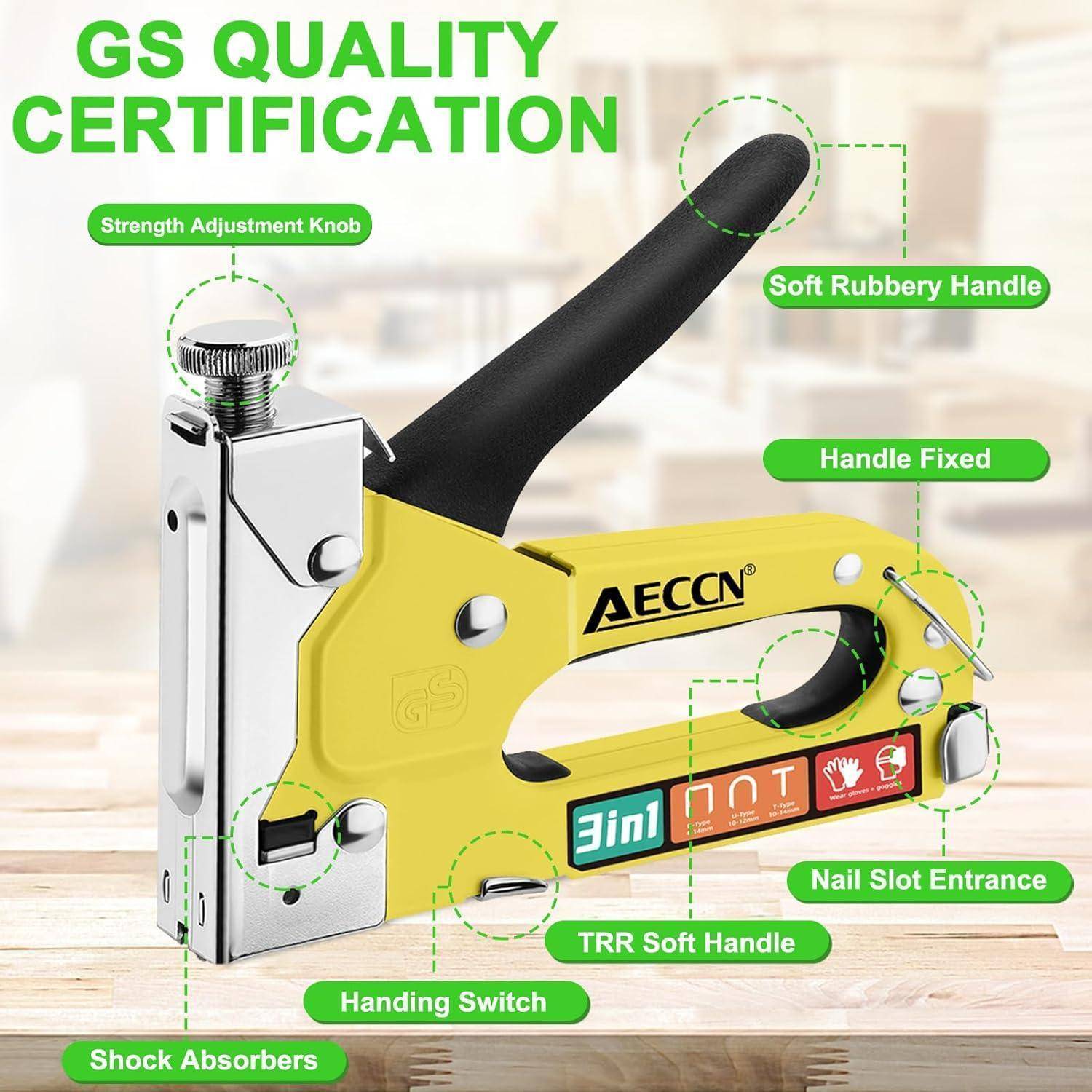 Eine gelbe Tacker mit schwarzem Griff verfügt über einen einstellbaren Stärkeregler, Stoßdämpfer und weichen Griff. Text lautet: 'GS-Qualitätszertifizierung'.