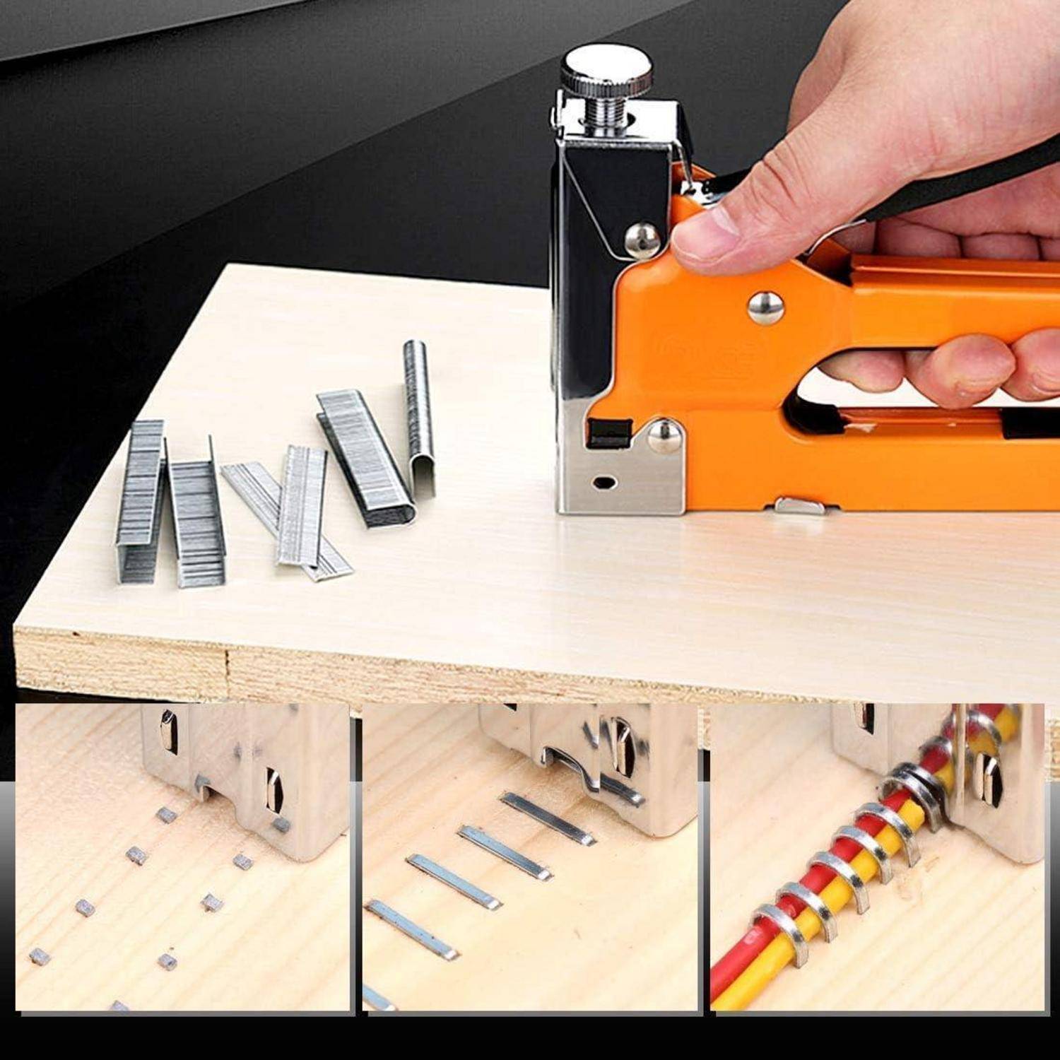 Eine handgehaltene orangefarbene Tacker-Pistole wird auf Holz gedrückt. Daneben liegen Reihen von Klammern und ein leerer Klammerstreifen.