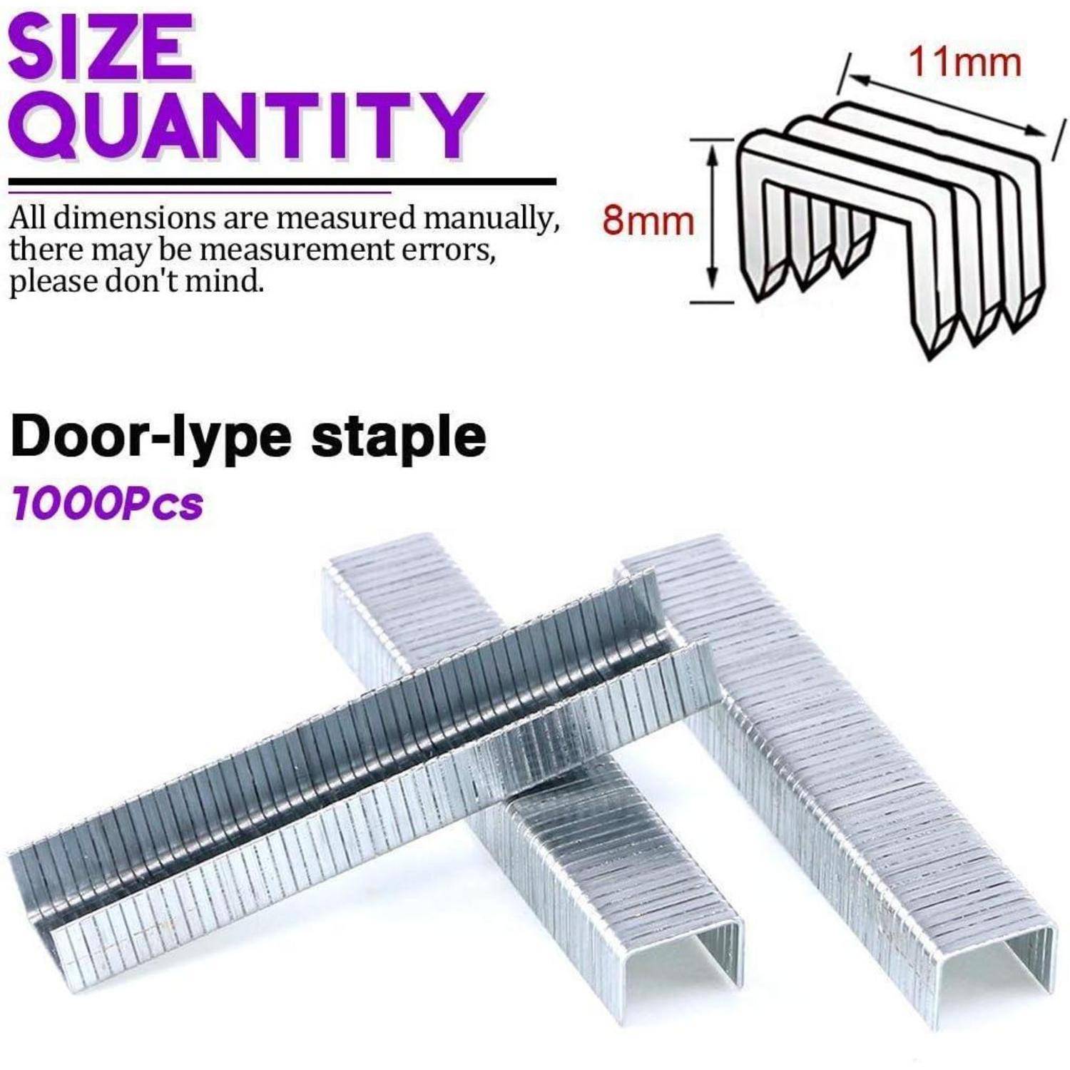 Größe Menge' Text mit einem umrandeten Bild von Heftklammern, die mit 11 mm x 8 mm Abmessungen beschriftet sind. Hinweis auf mögliche Messfehler.
